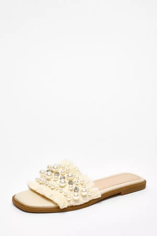 Cream Woven Pearl Flat Sandals