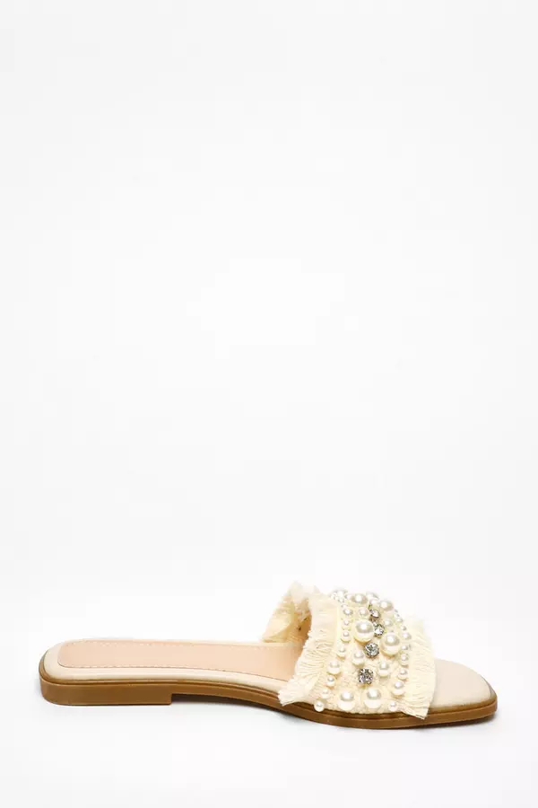 Cream Woven Pearl Flat Sandals