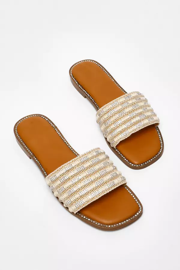 Cream Woven Diamante Mule Flat Sandals