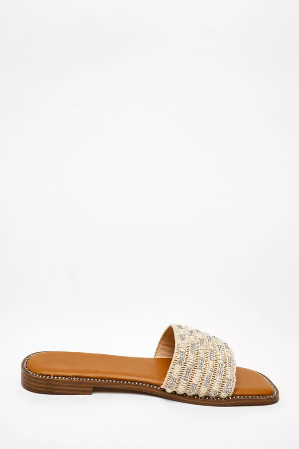 Cream Woven Diamante Mule Flat Sandals