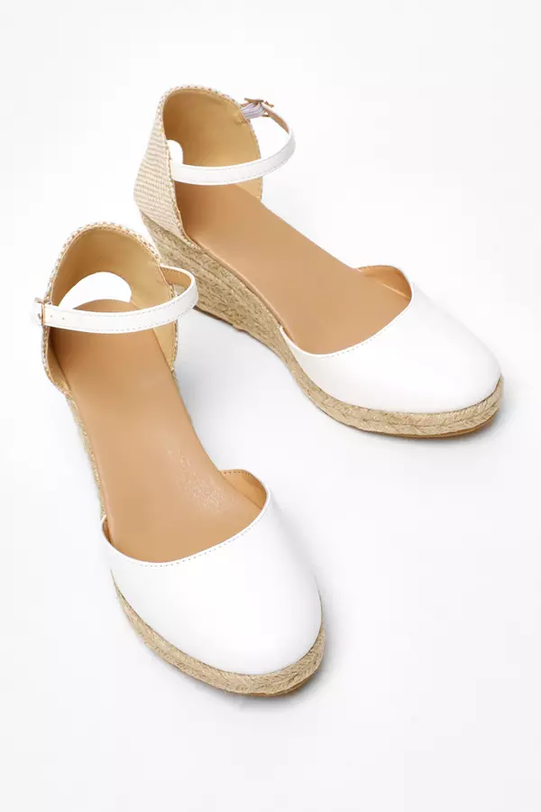 White Faux Leather Low Woven Wedges