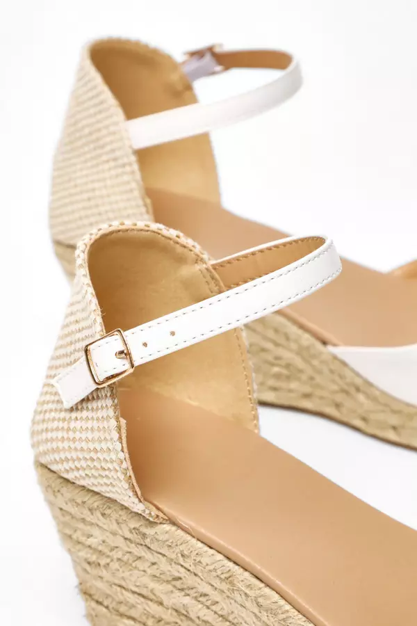 White Faux Leather Low Woven Wedges