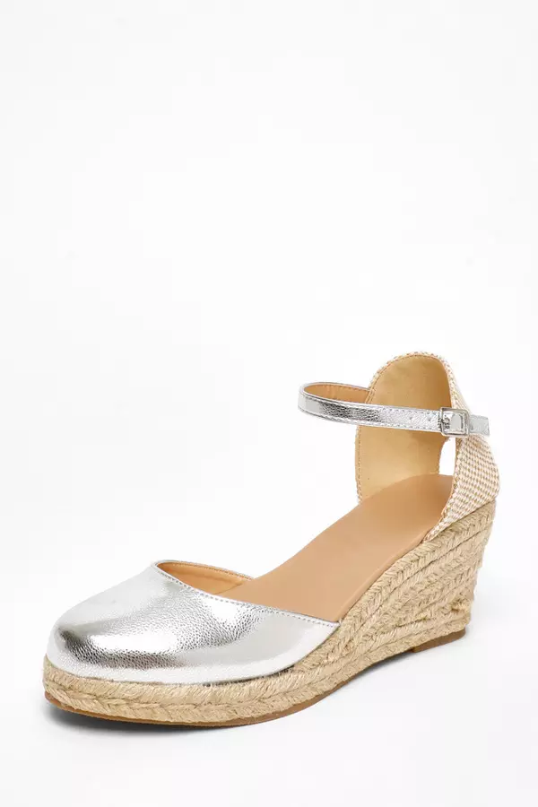 Silver Faux Leather Low Woven Wedges
