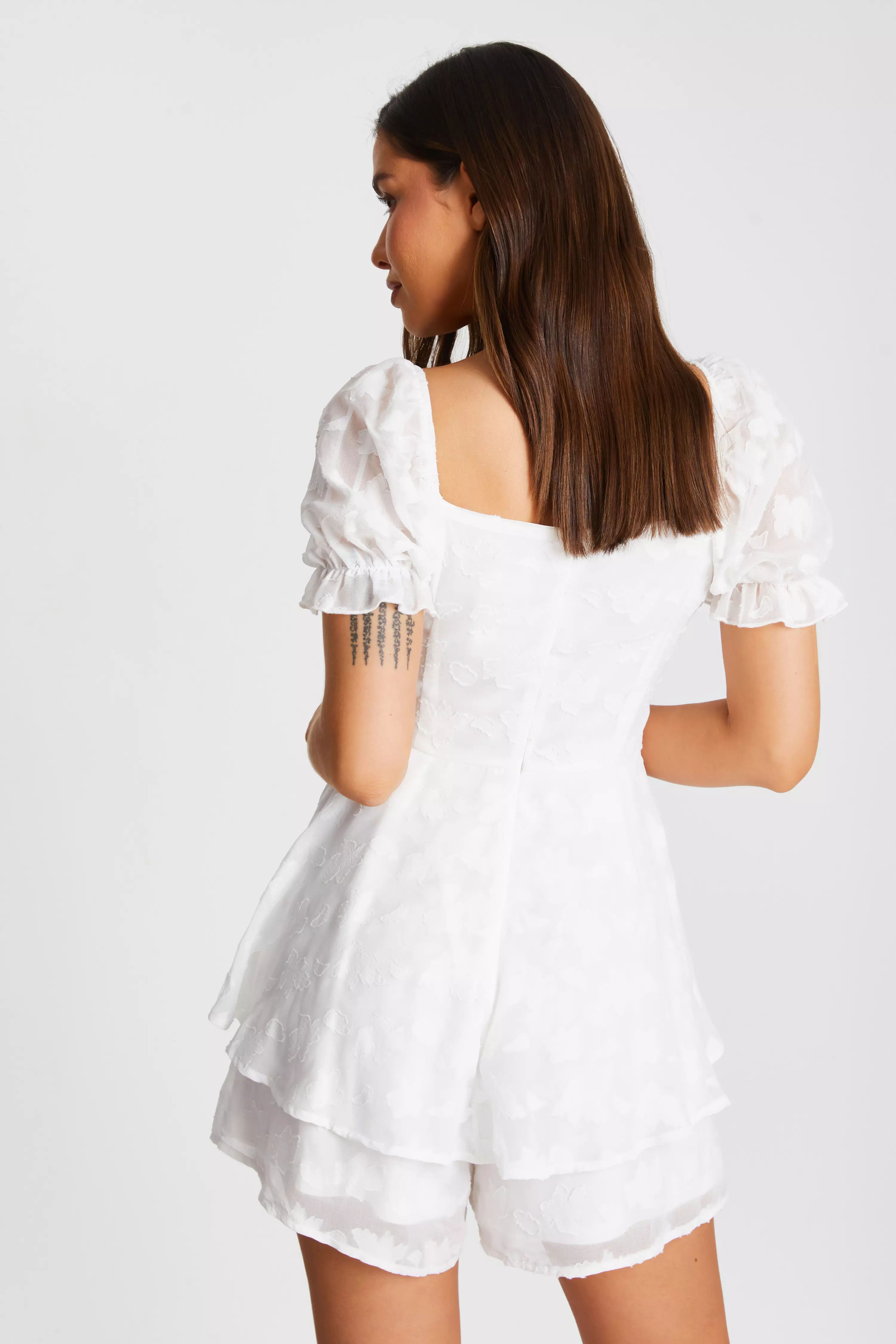 White Floral Jacquard Tiered Playsuit