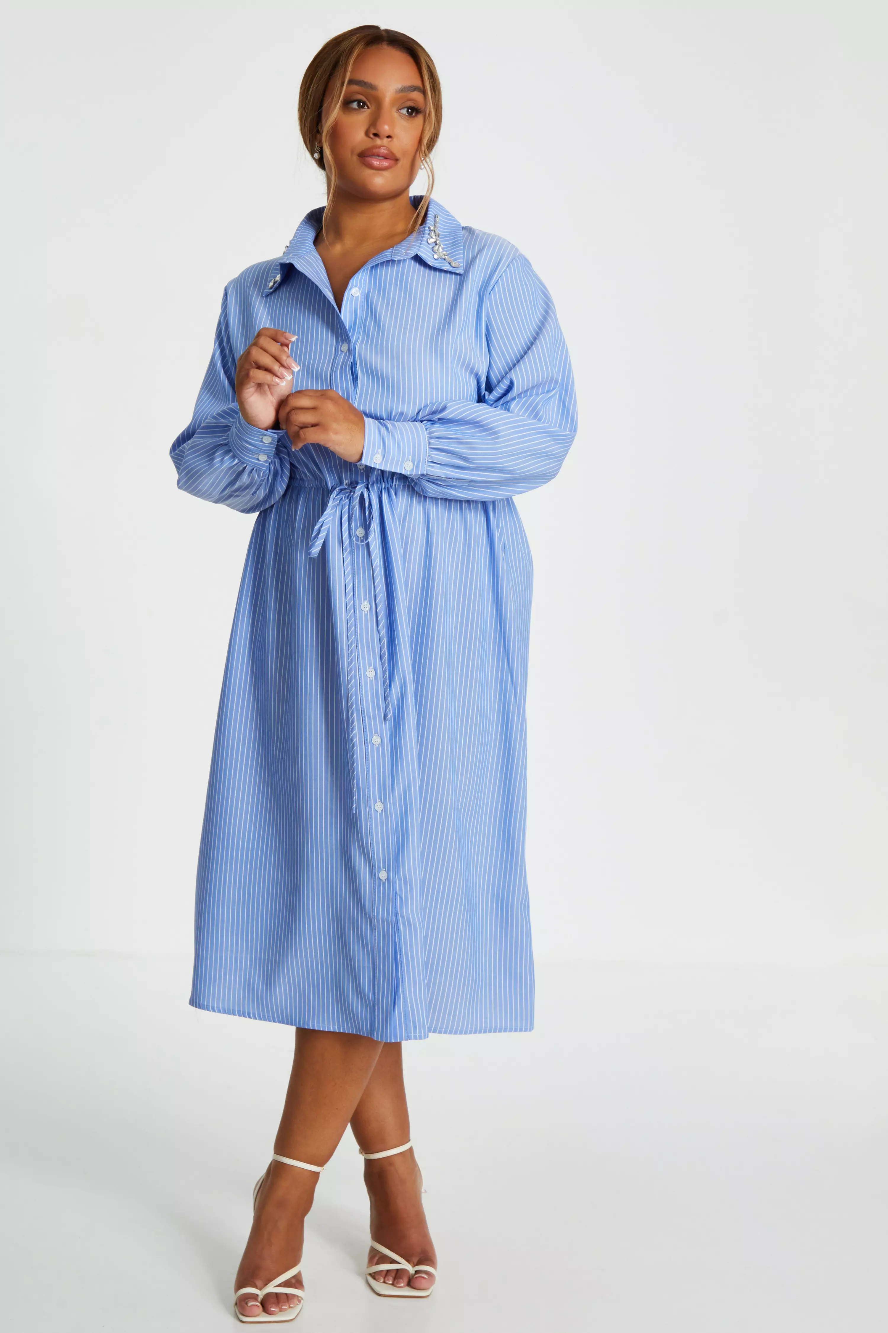 Curve Blue Pin Stripe Midi Shirt Dress