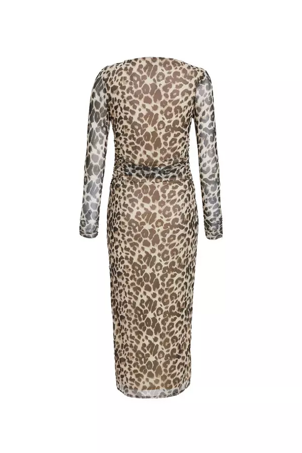 Petite Stone Leopard Print Long Sleeve Mesh Midaxi Dress