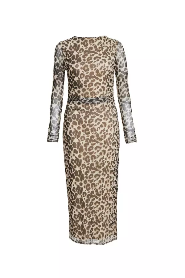 Petite Stone Leopard Print Long Sleeve Mesh Midaxi Dress
