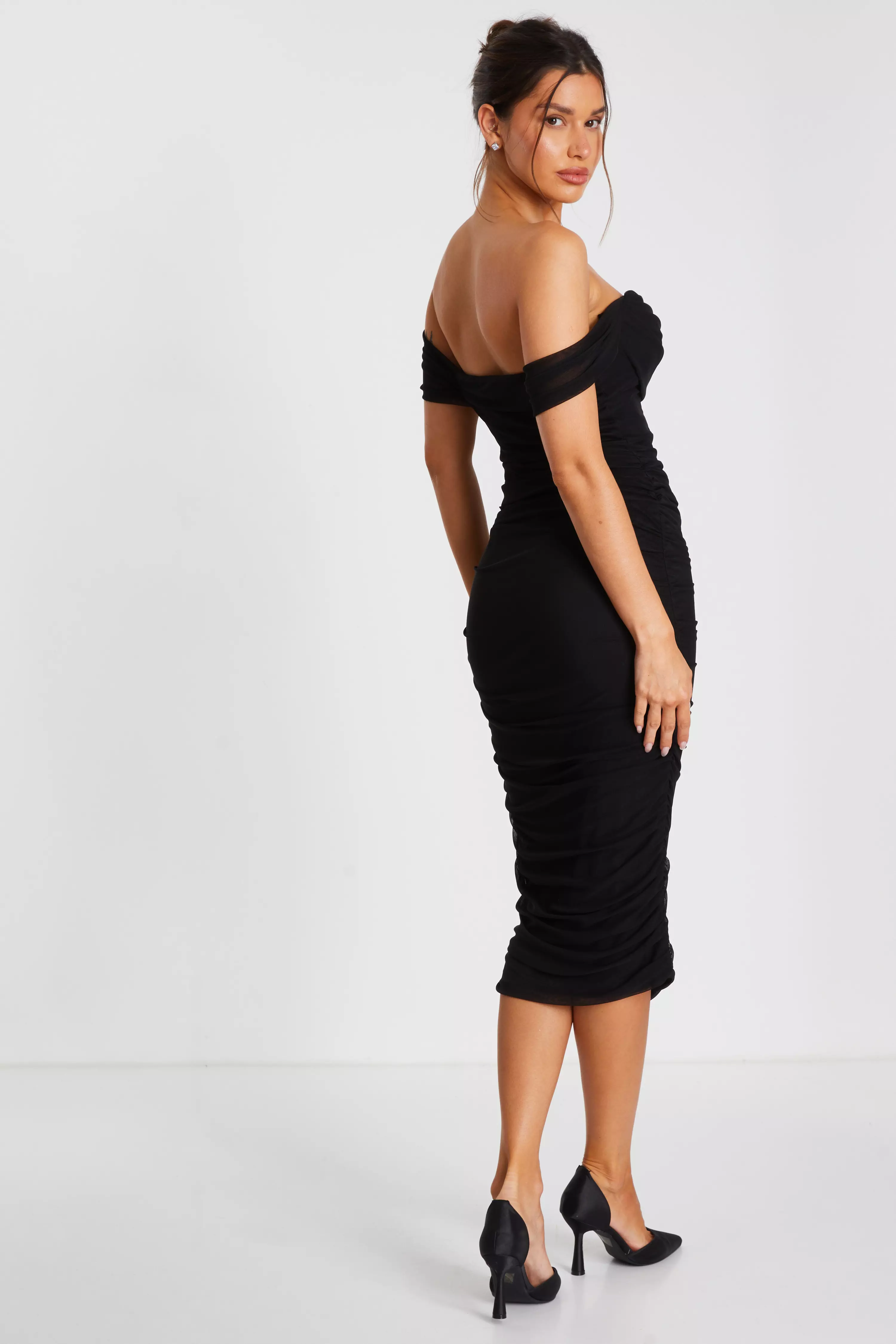 Black Mesh Bardot Ruched Midi Dress