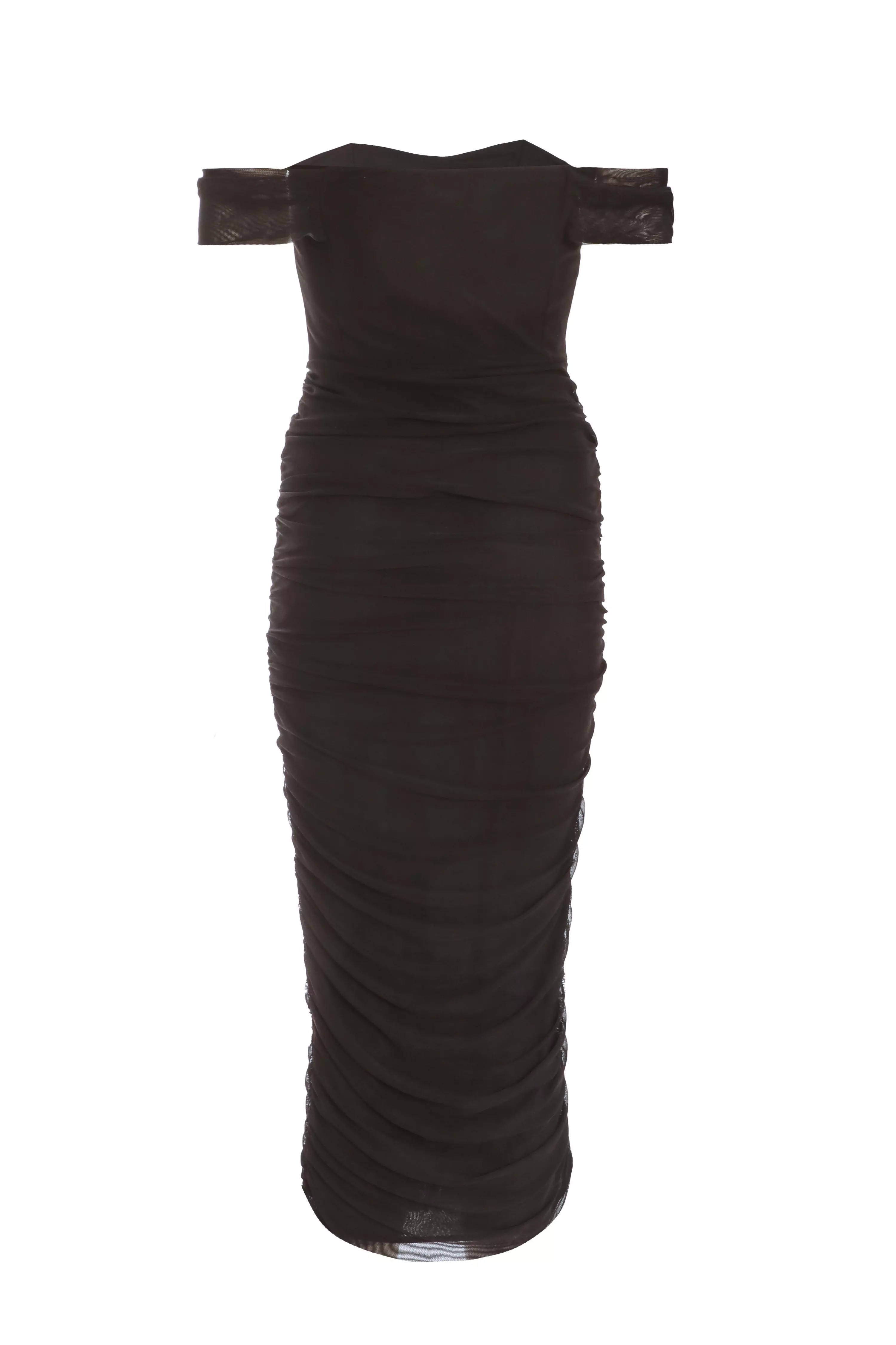 Black Mesh Bardot Ruched Midi Dress