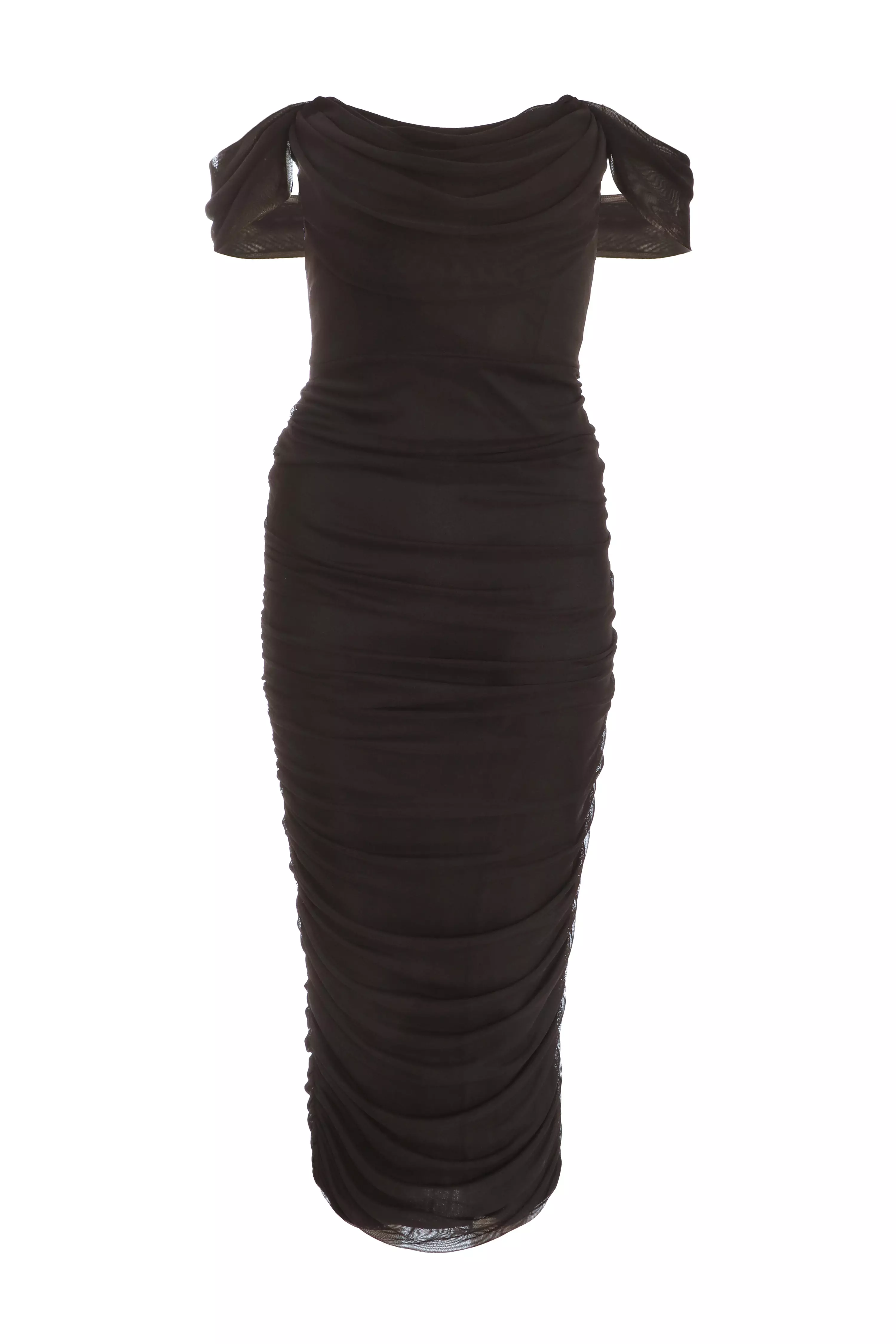 Black Mesh Bardot Ruched Midi Dress