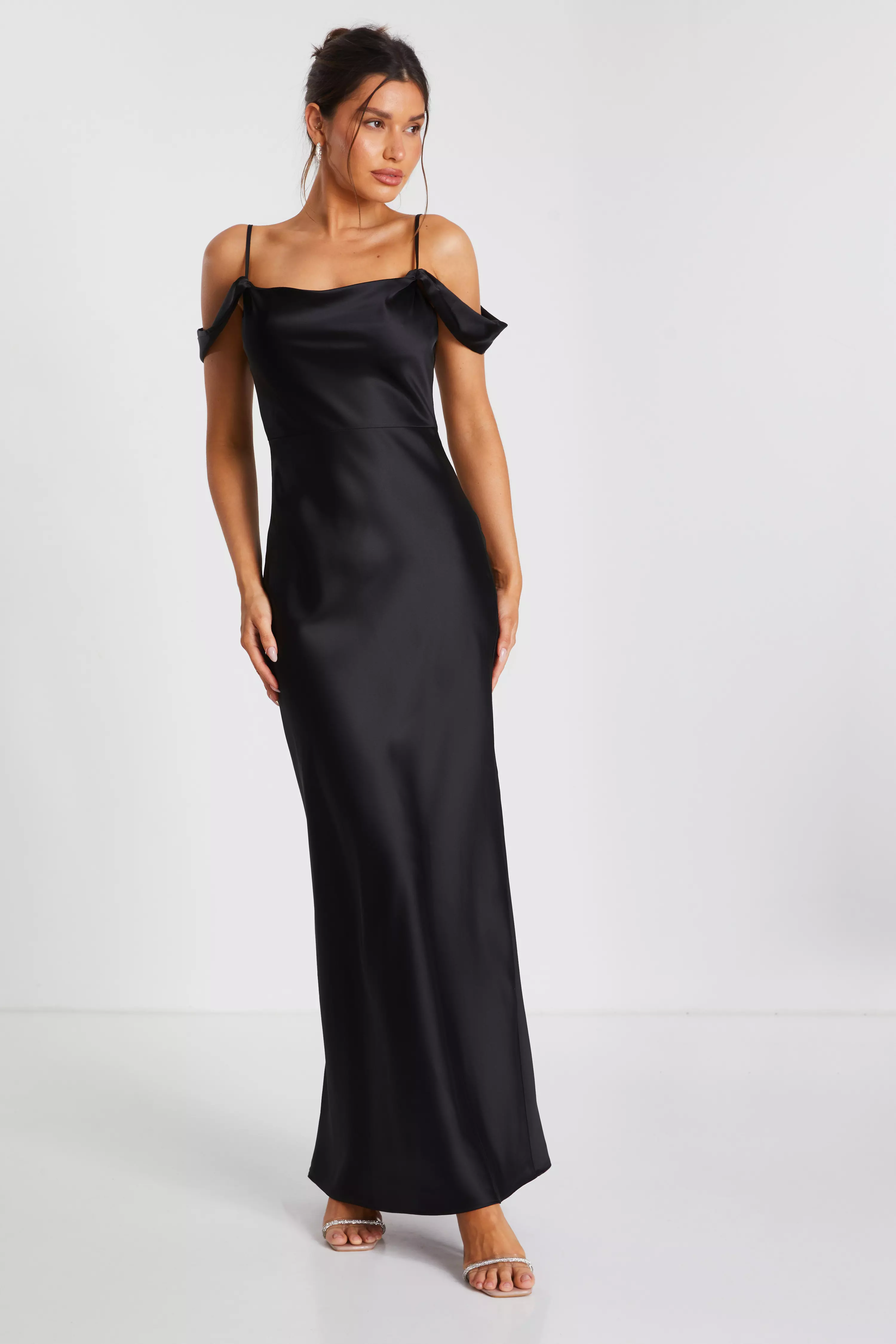 Black Satin Drop Shoulder Maxi Dress