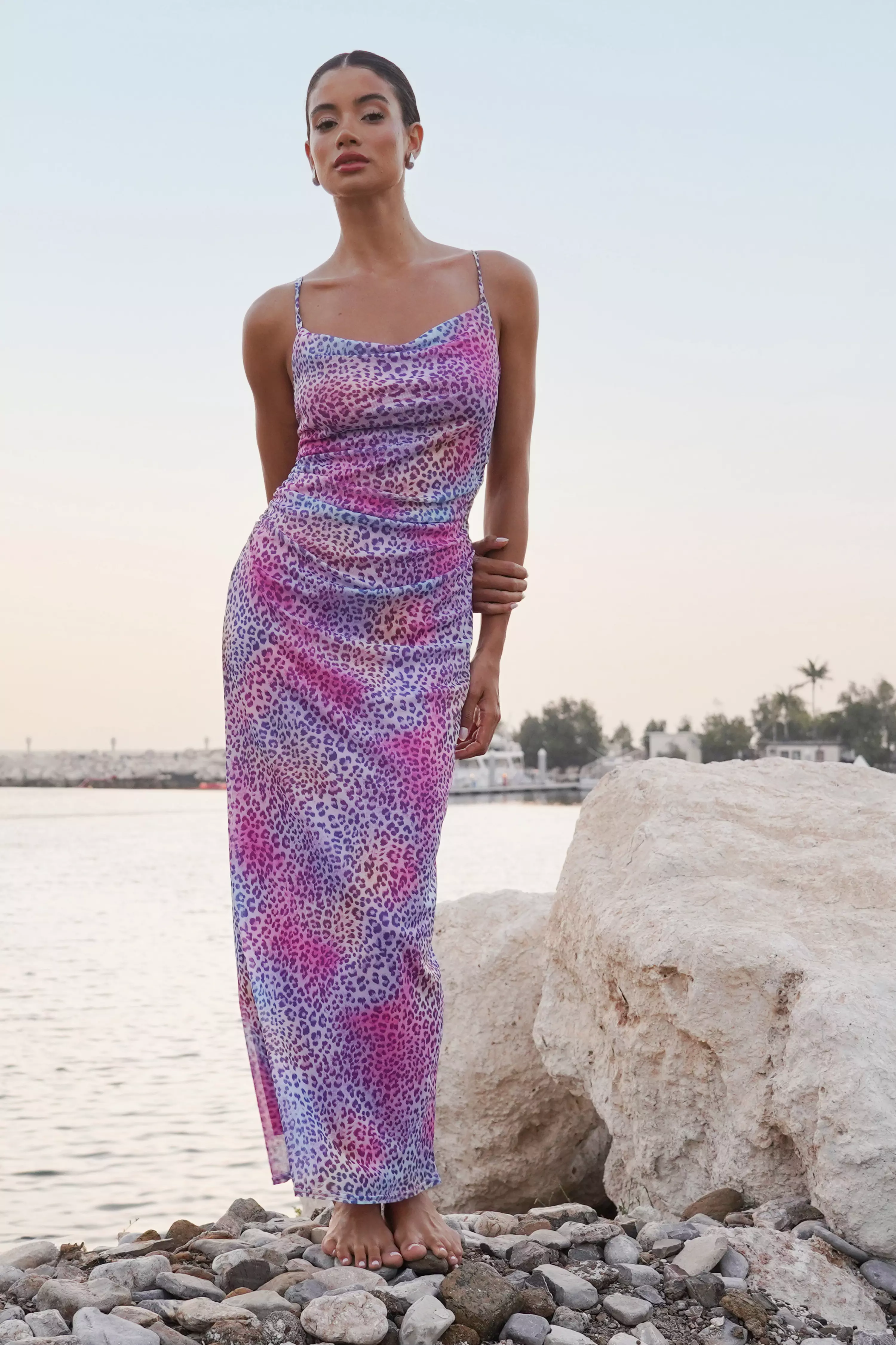 Multicoloured Animal Print Mesh Midaxi Dress