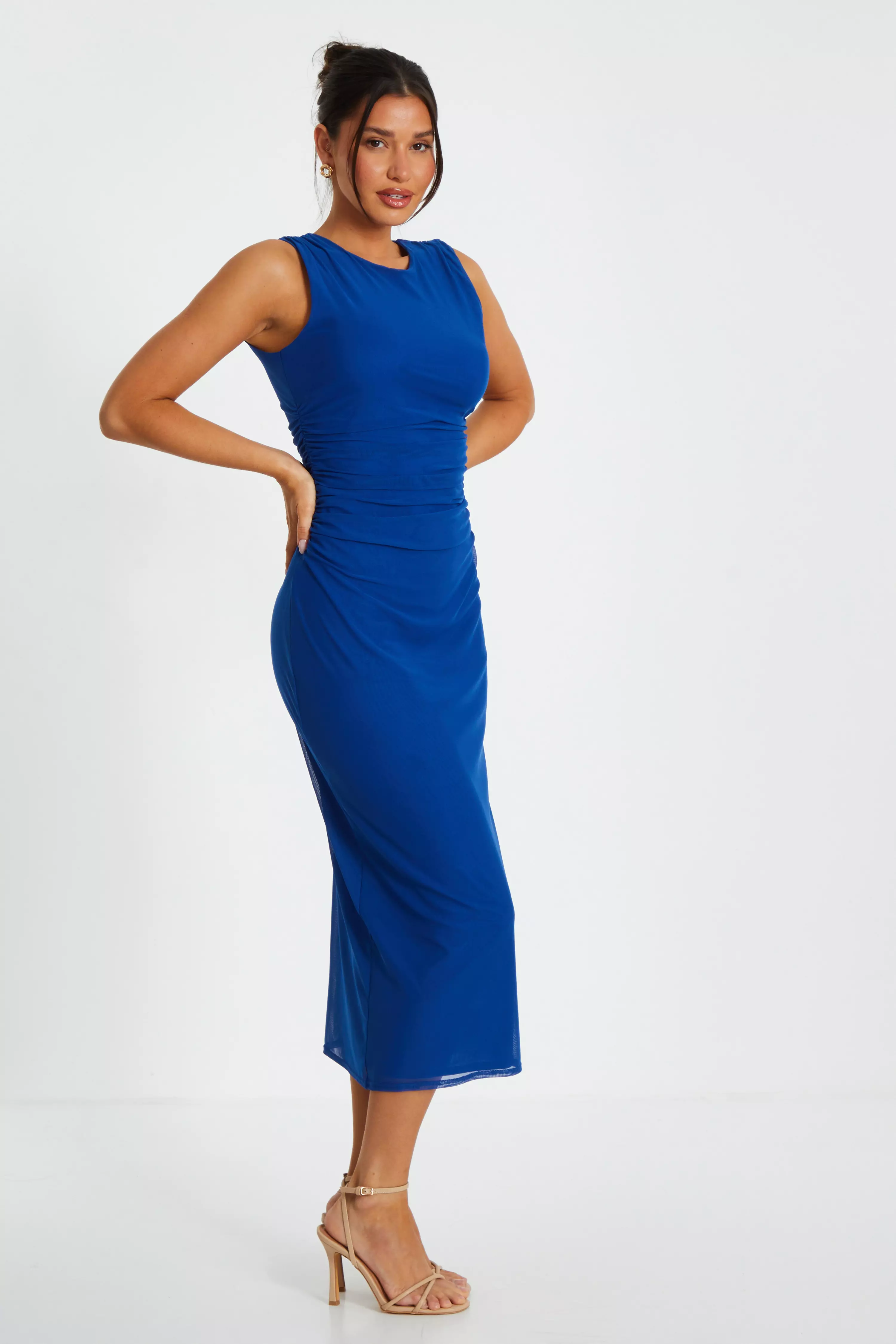 Blue Mesh Ruched Boydcon Midaxi Dress