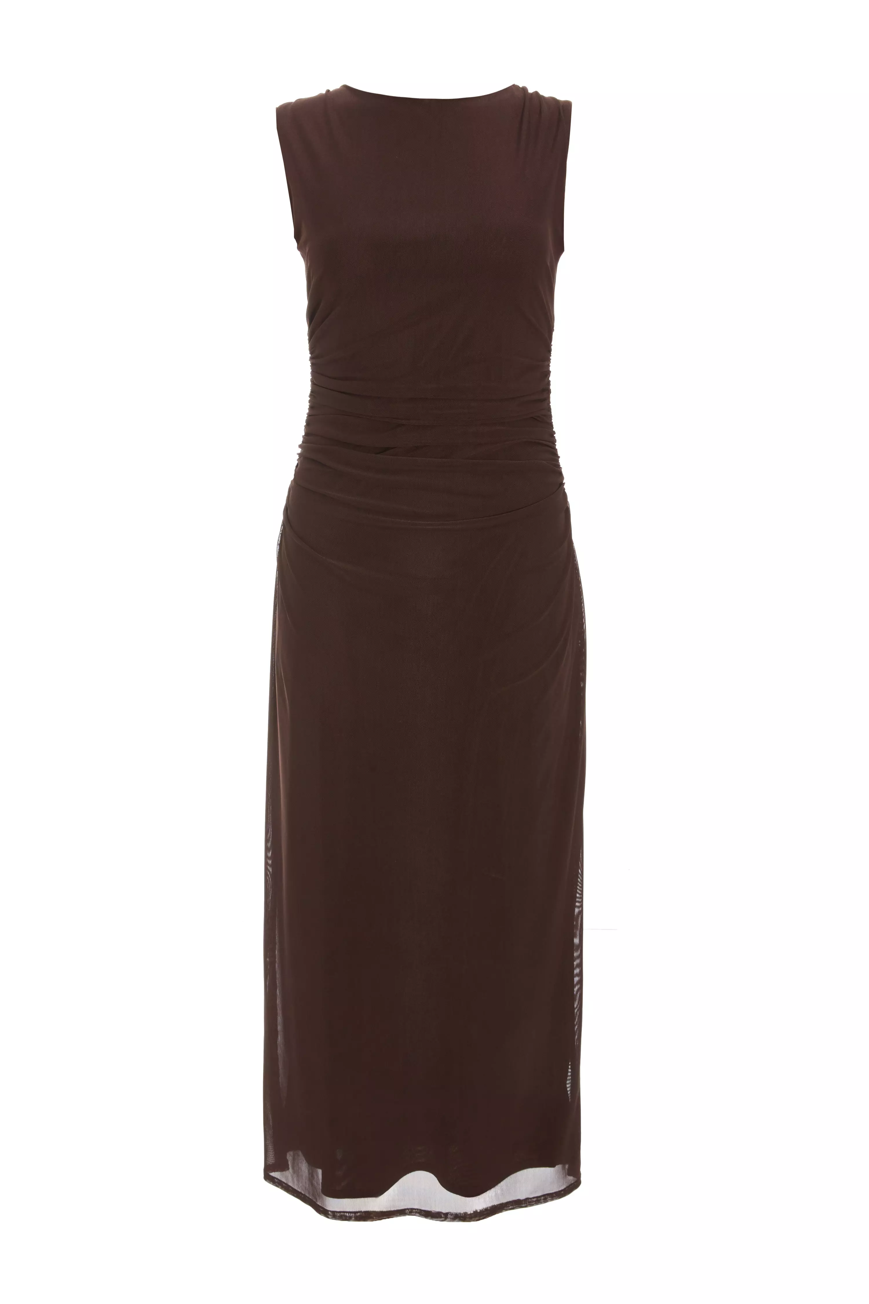 Brown Mesh Ruched Boydcon Midaxi Dress