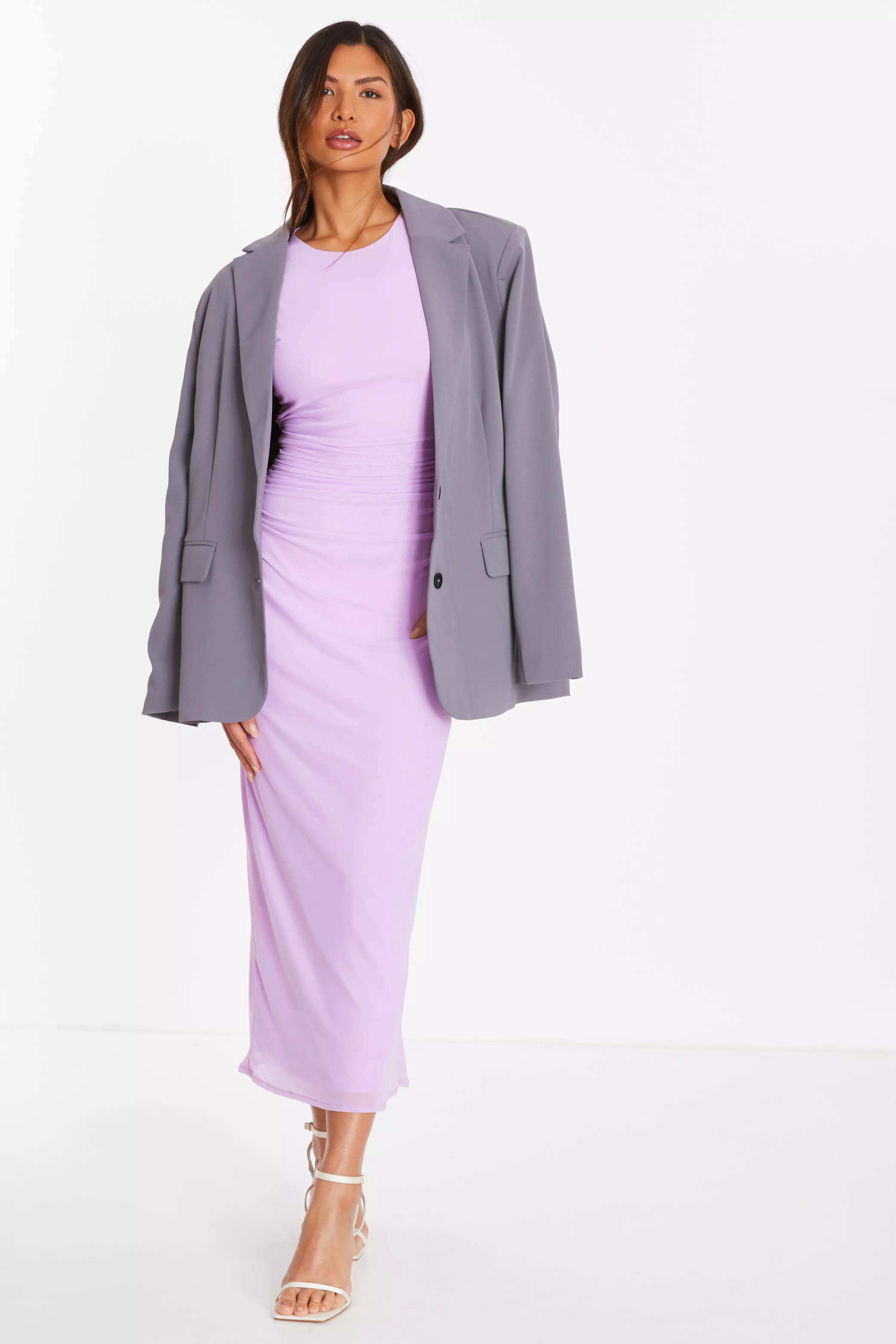 Lilac Mesh Ruched Boydcon Midaxi Dress