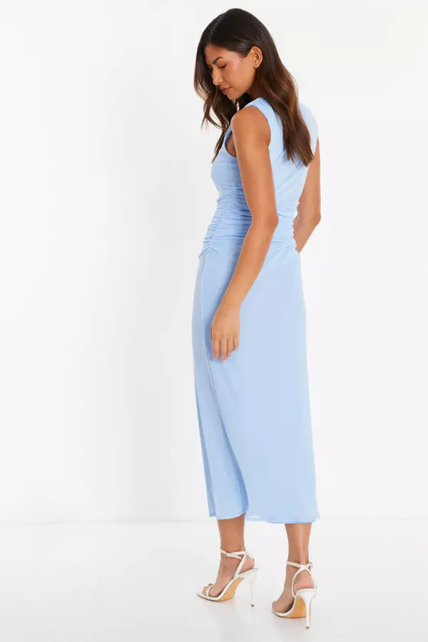 Blue Mesh Ruched Bodycon Midaxi Dress
