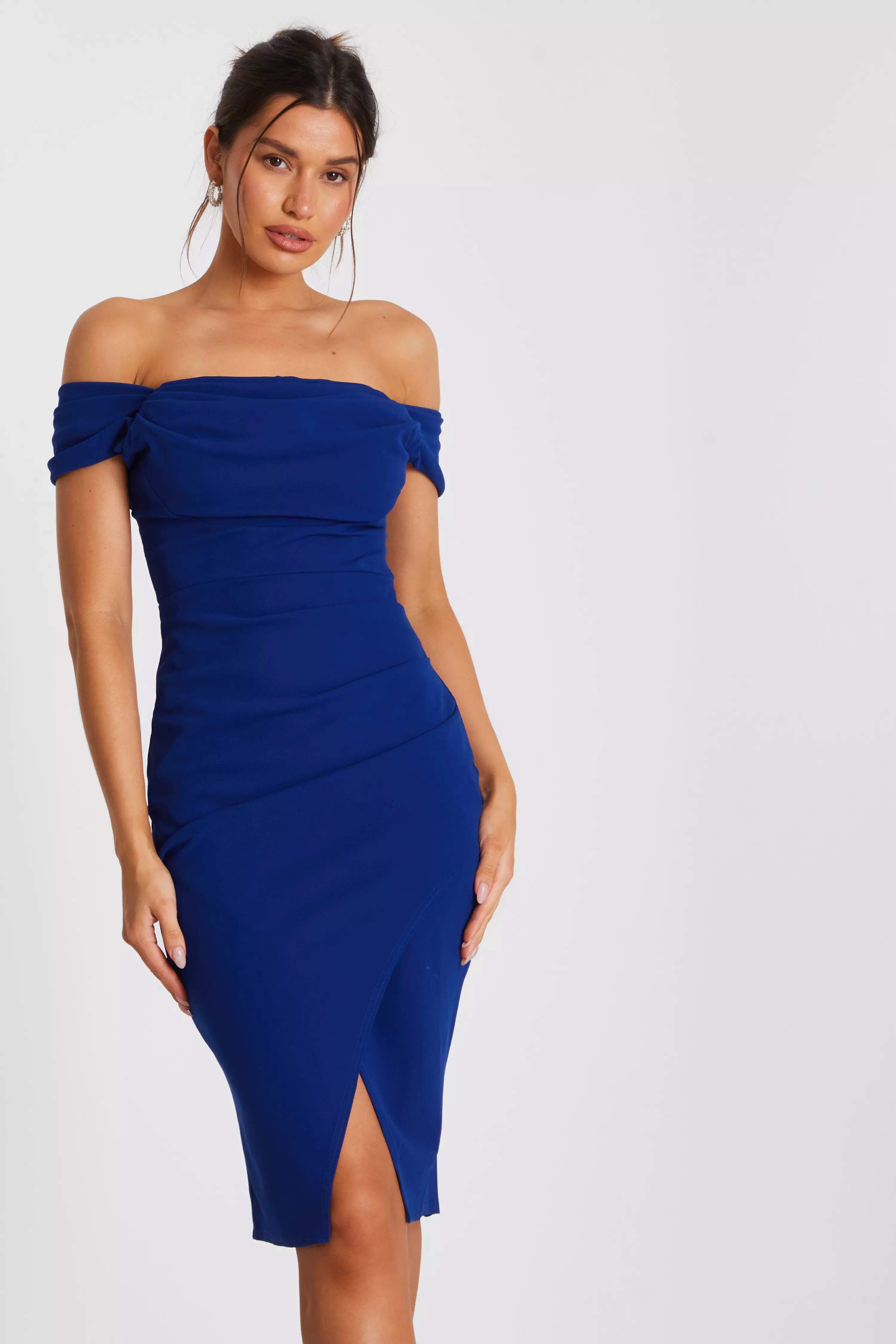 Blue Bardot Midi Wrap Dress