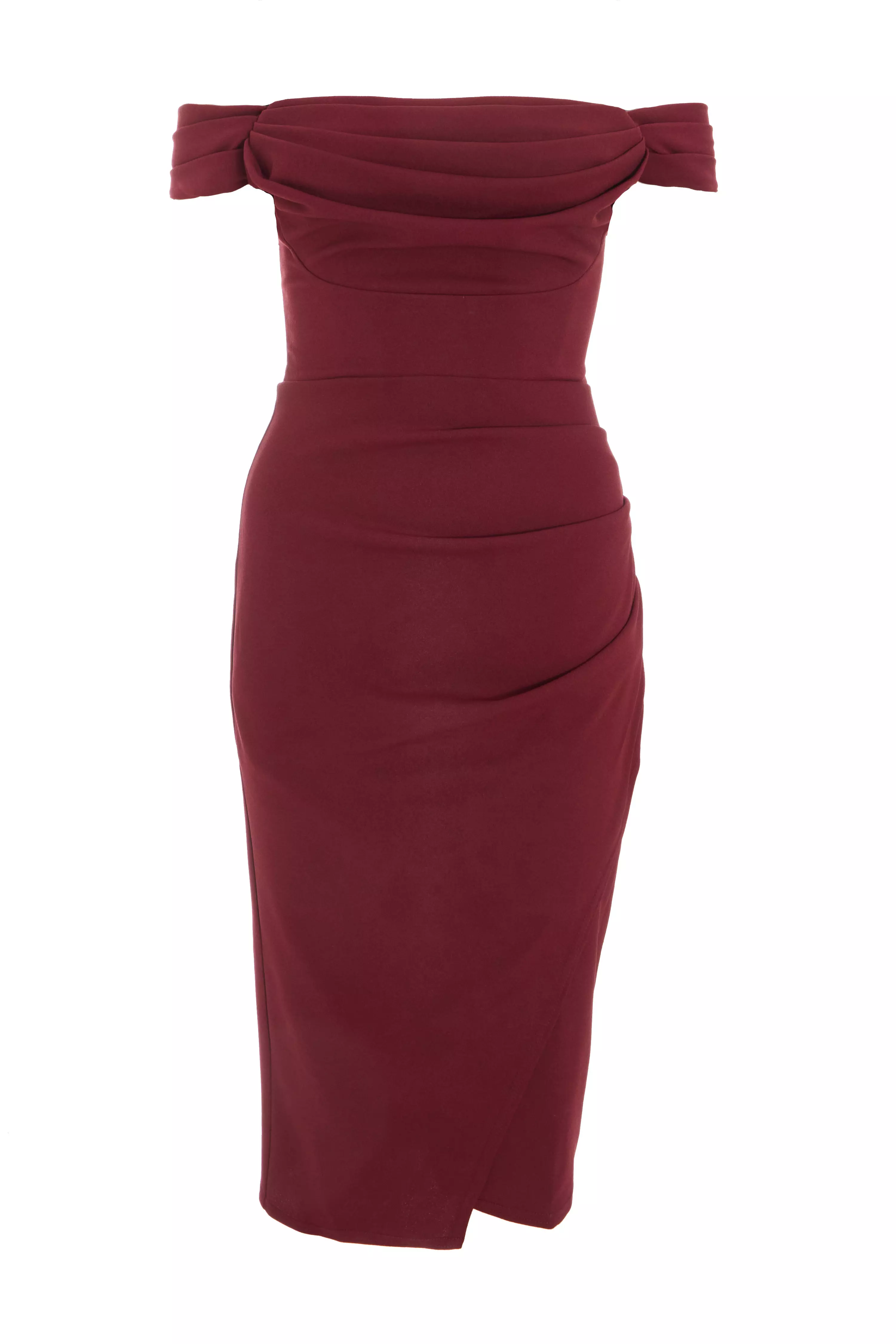 Dark Red Bardot Midi Wrap Dress