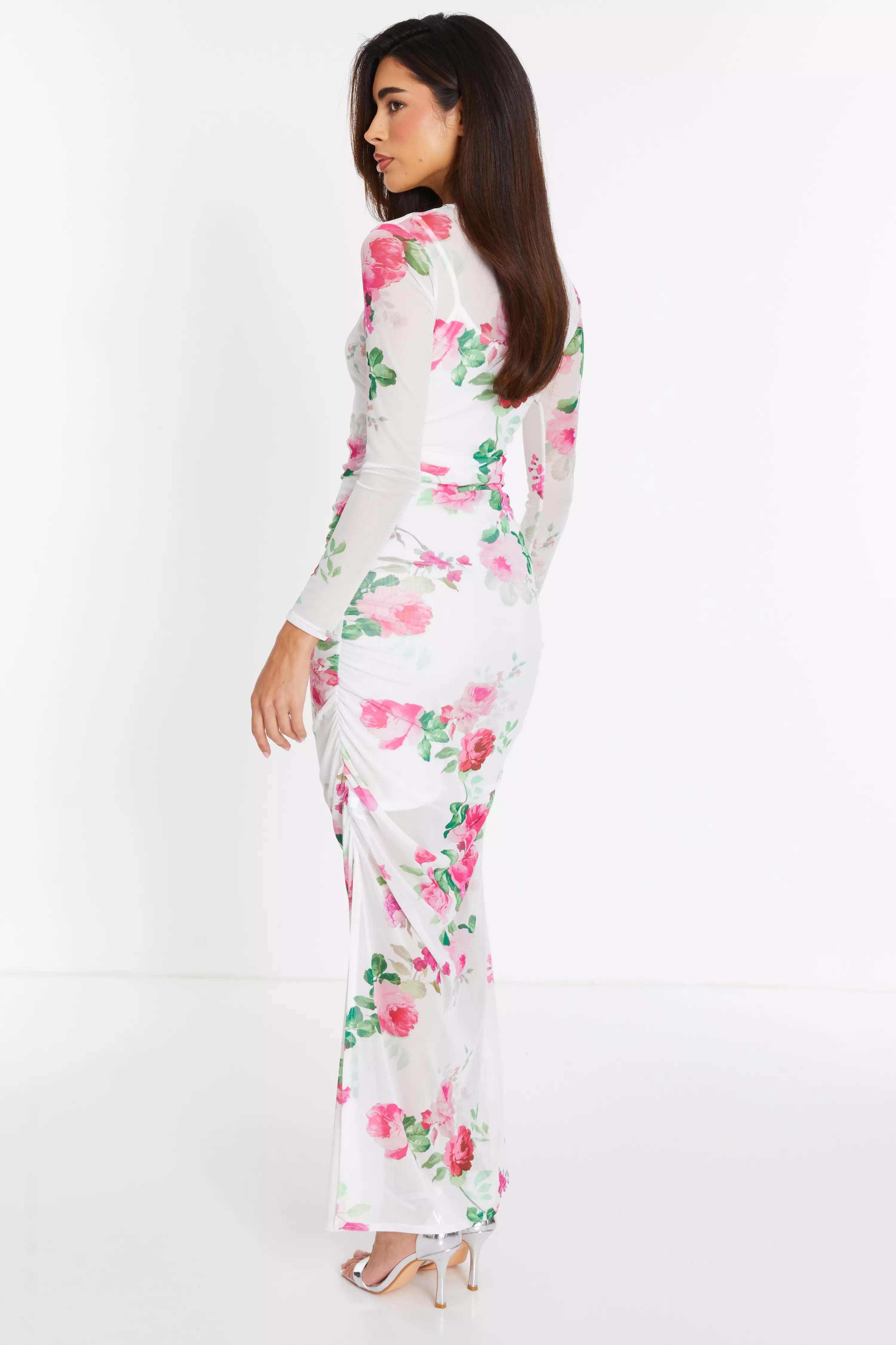 White Mesh Floral Bodycon Maxi Dress