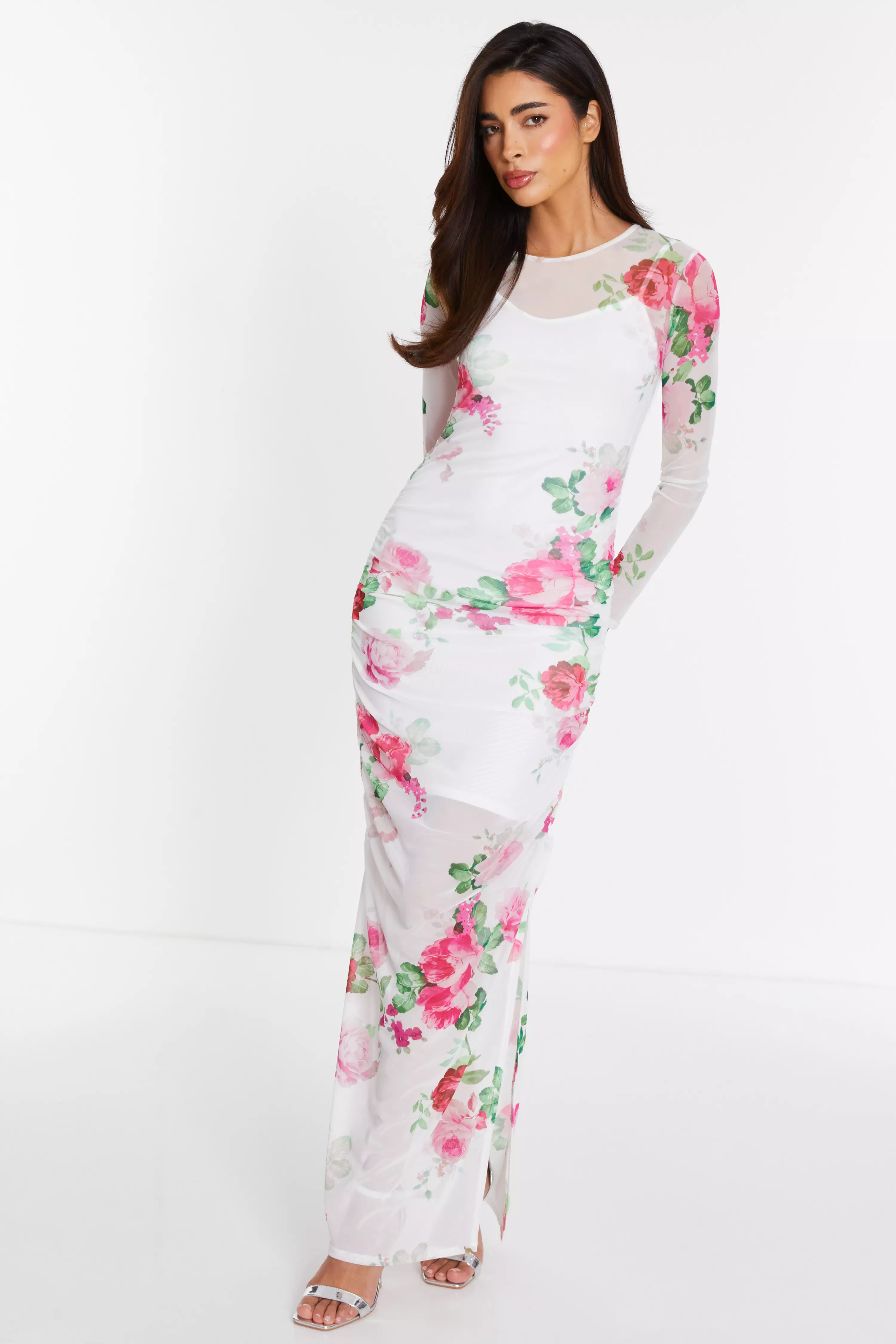 White Mesh Floral Bodycon Maxi Dress