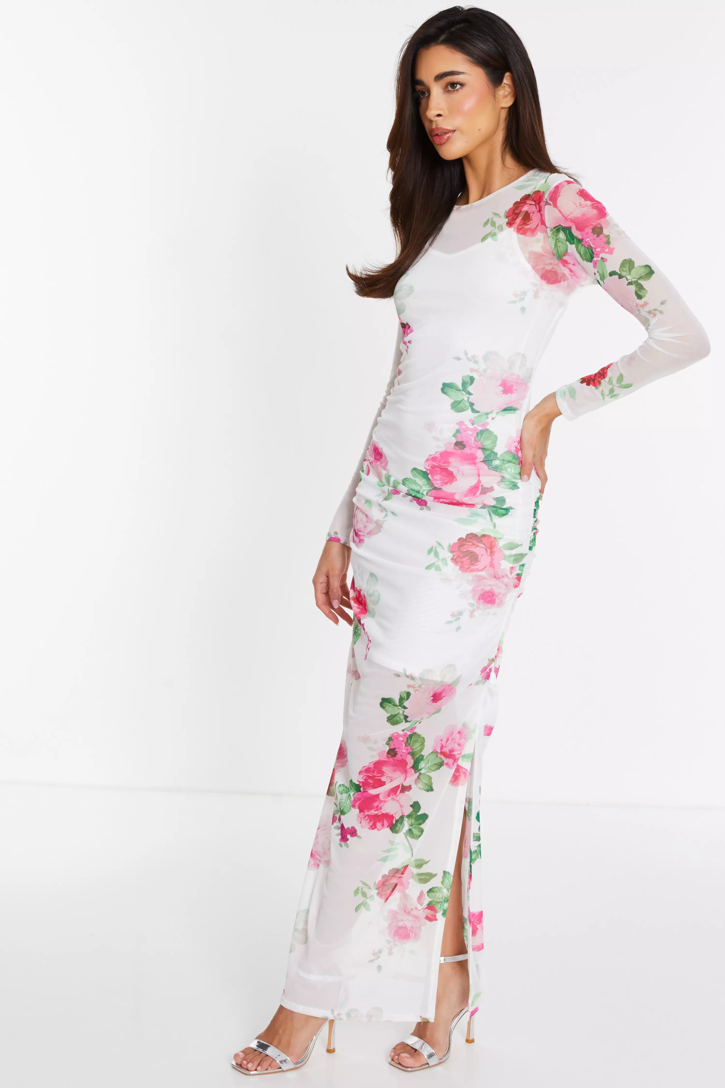 White Mesh Floral Bodycon Maxi Dress