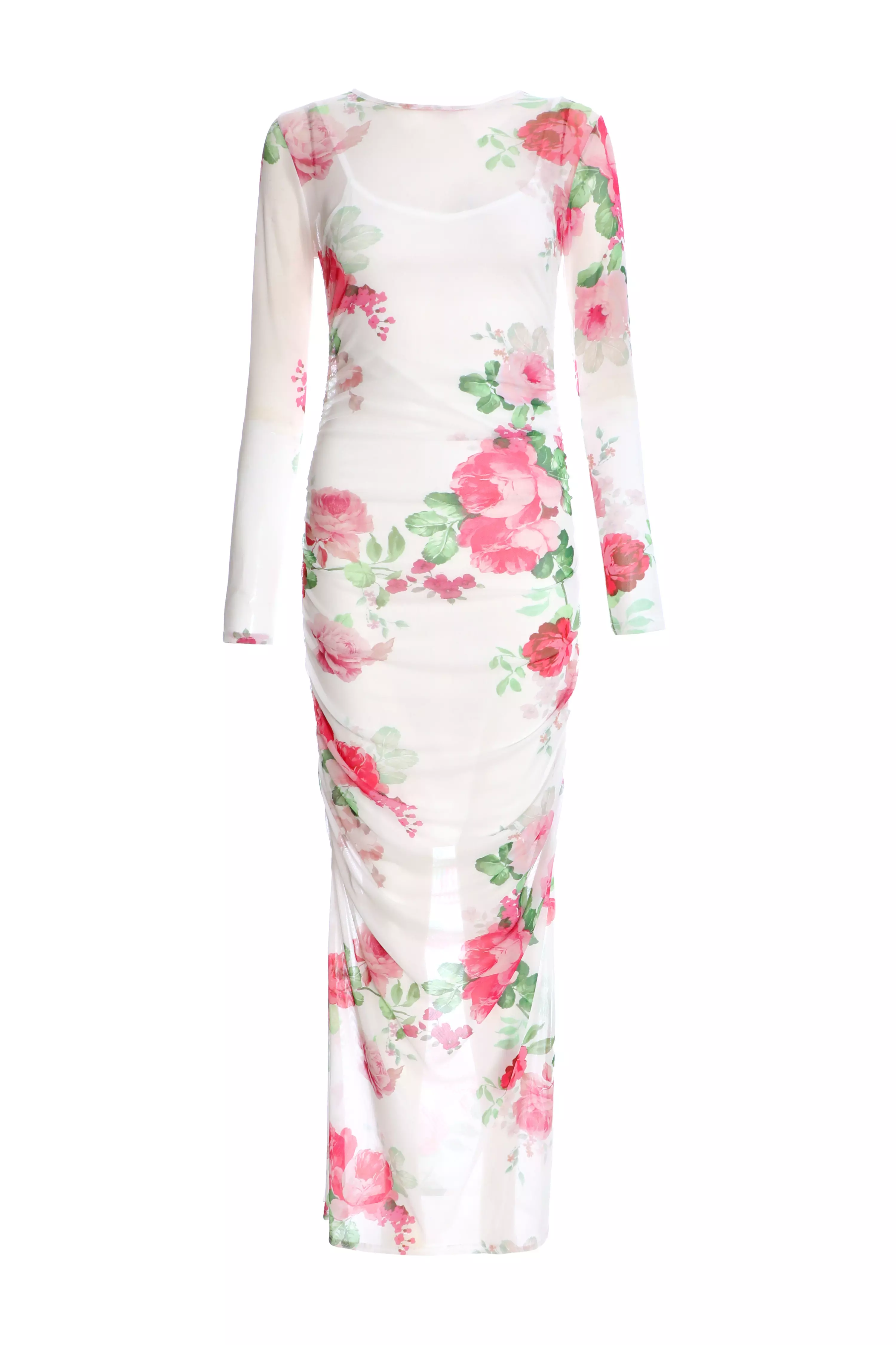 White Mesh Floral Bodycon Maxi Dress