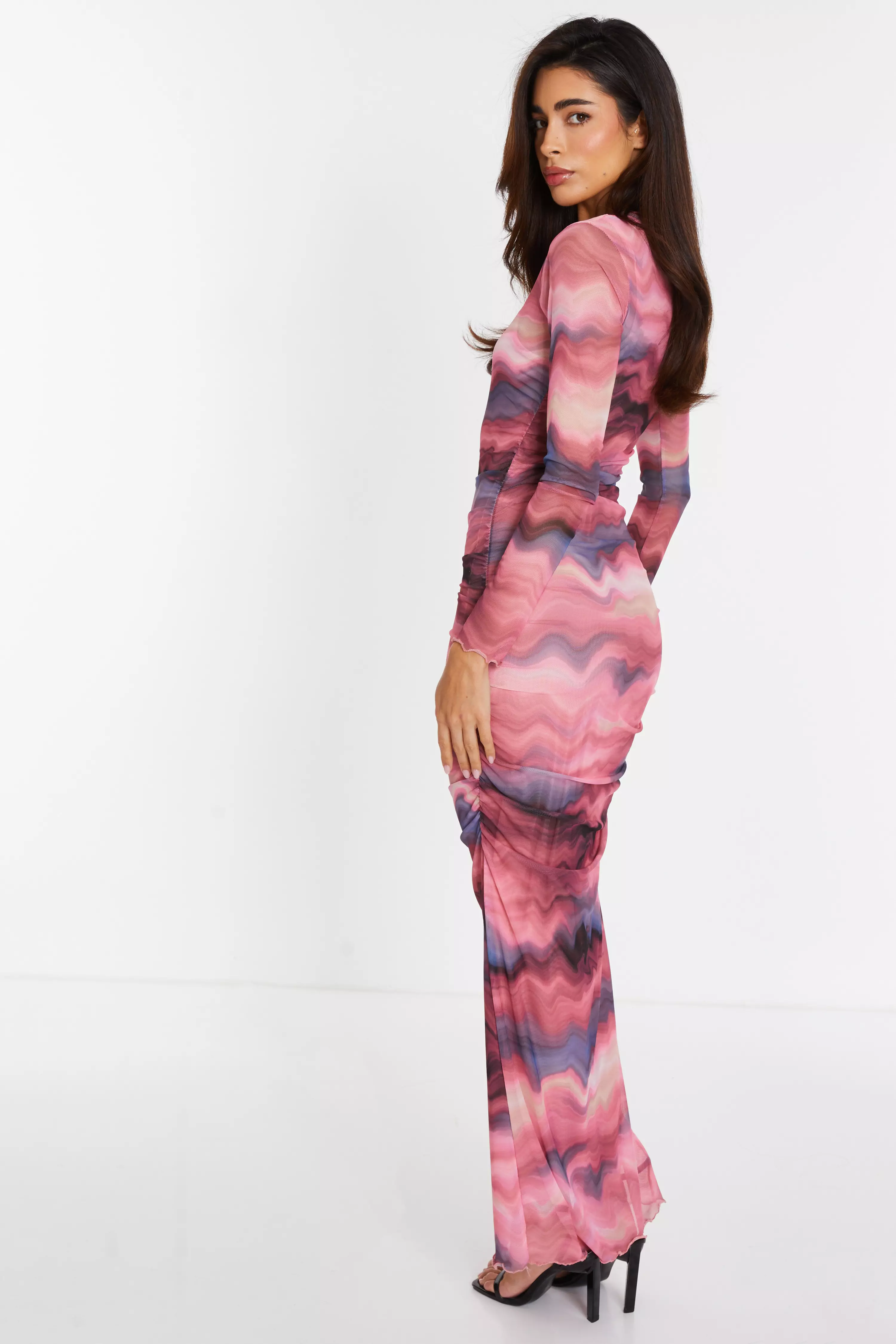 Pink Marble Mesh Ruched Maxi Dress