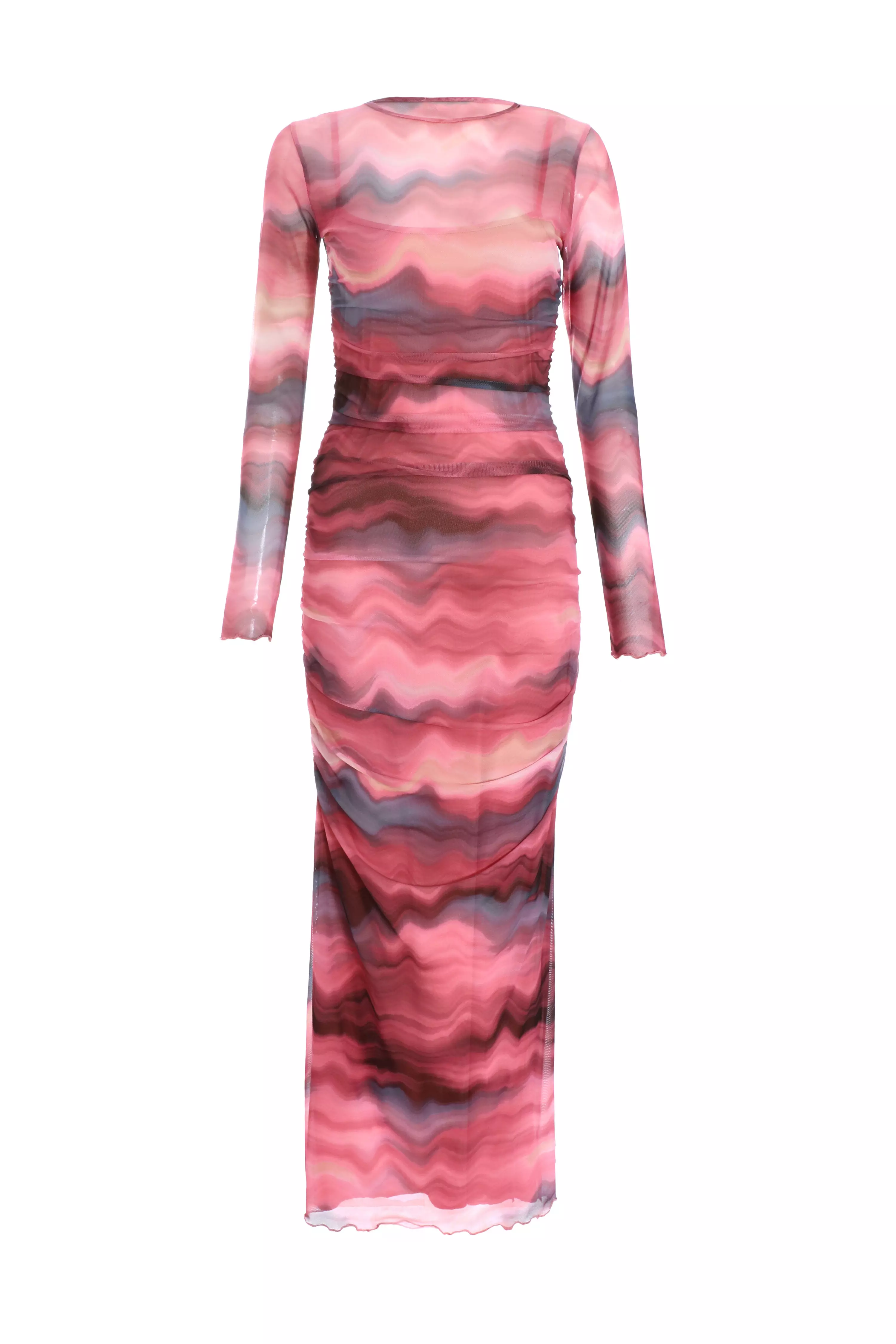 Pink Marble Mesh Ruched Maxi Dress