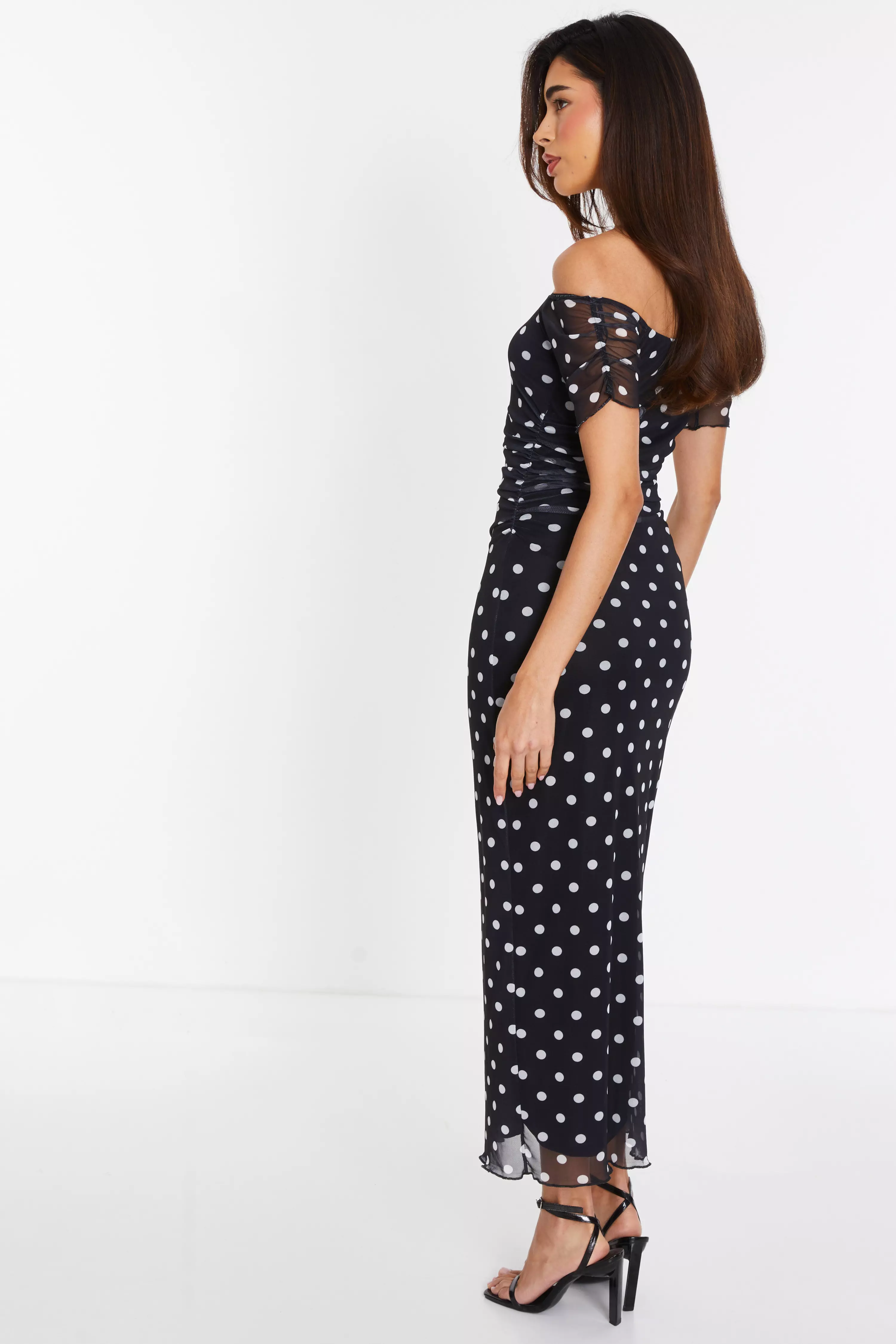 Black Mesh Polka Dot Bardot Midaxi Dress