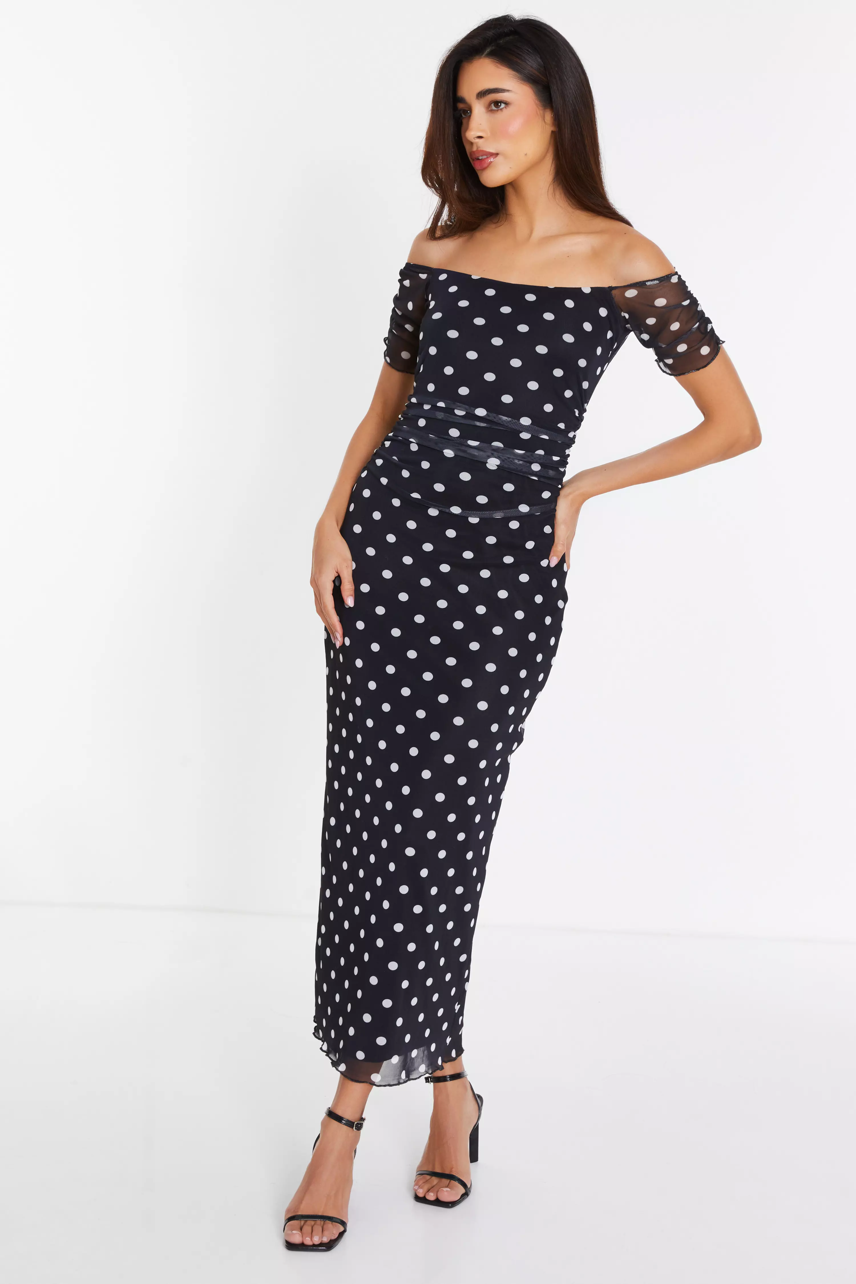 Black Mesh Polka Dot Bardot Midaxi Dress