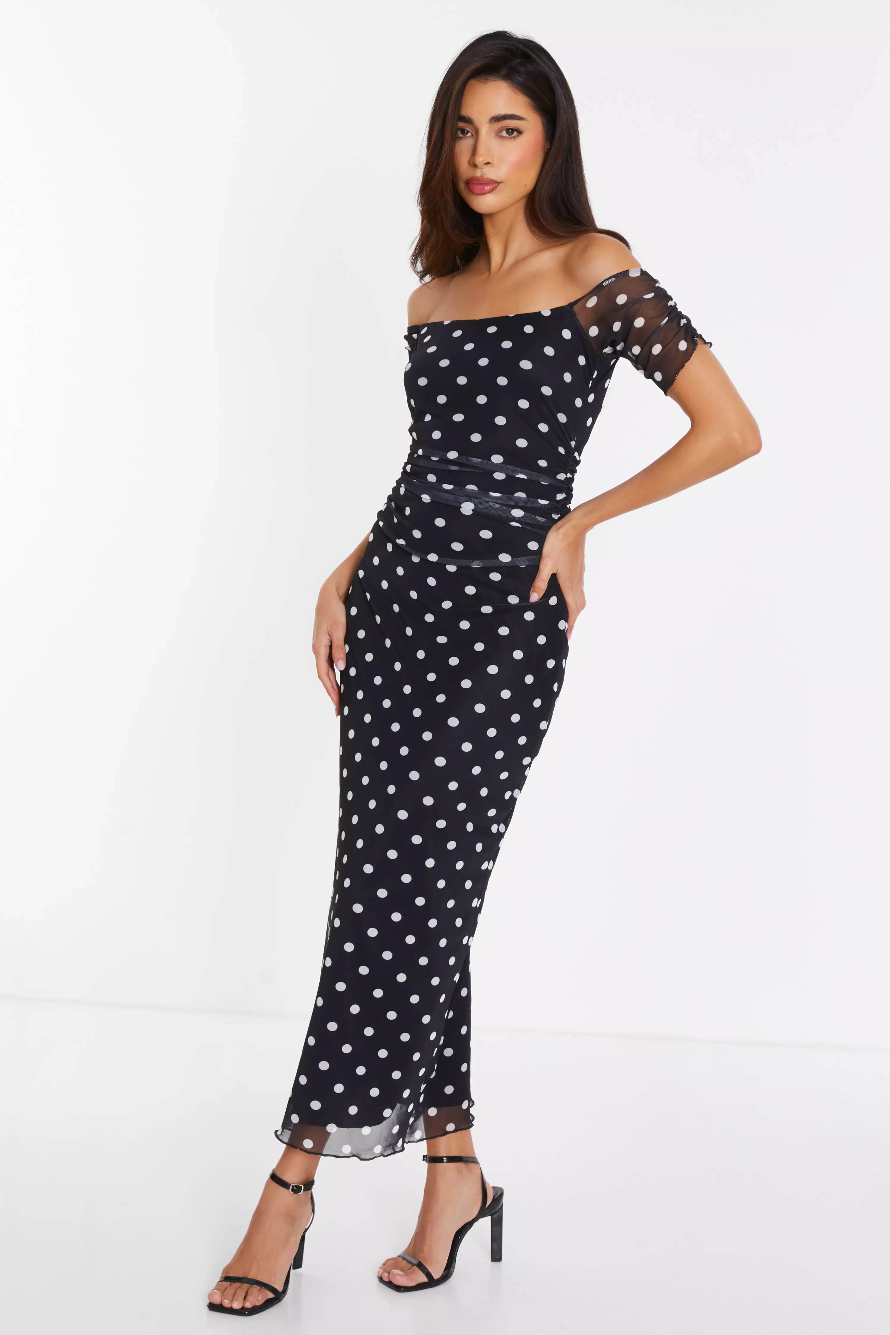 Black Mesh Polka Dot Bardot Midaxi Dress