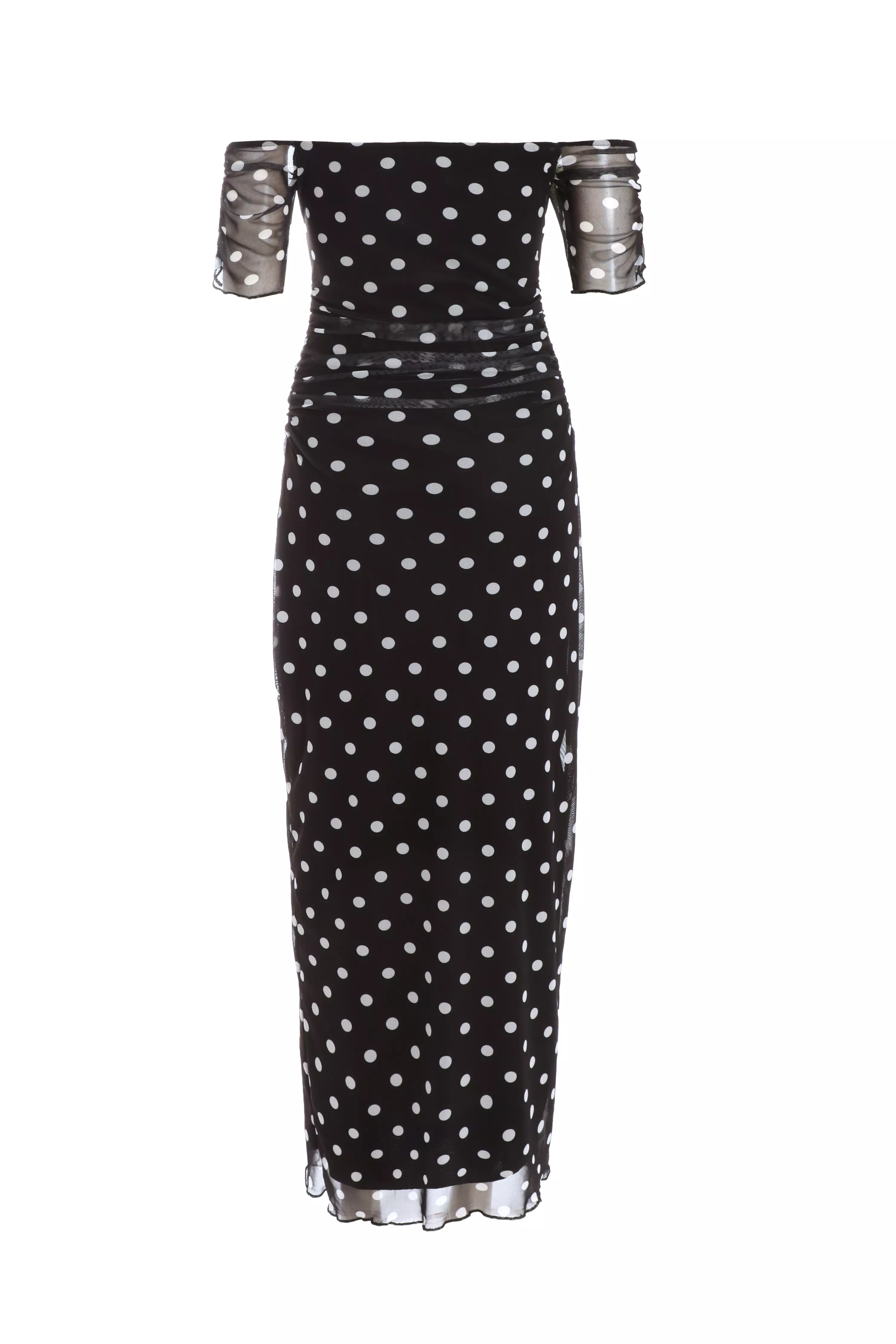 Black Mesh Polka Dot Bardot Midaxi Dress