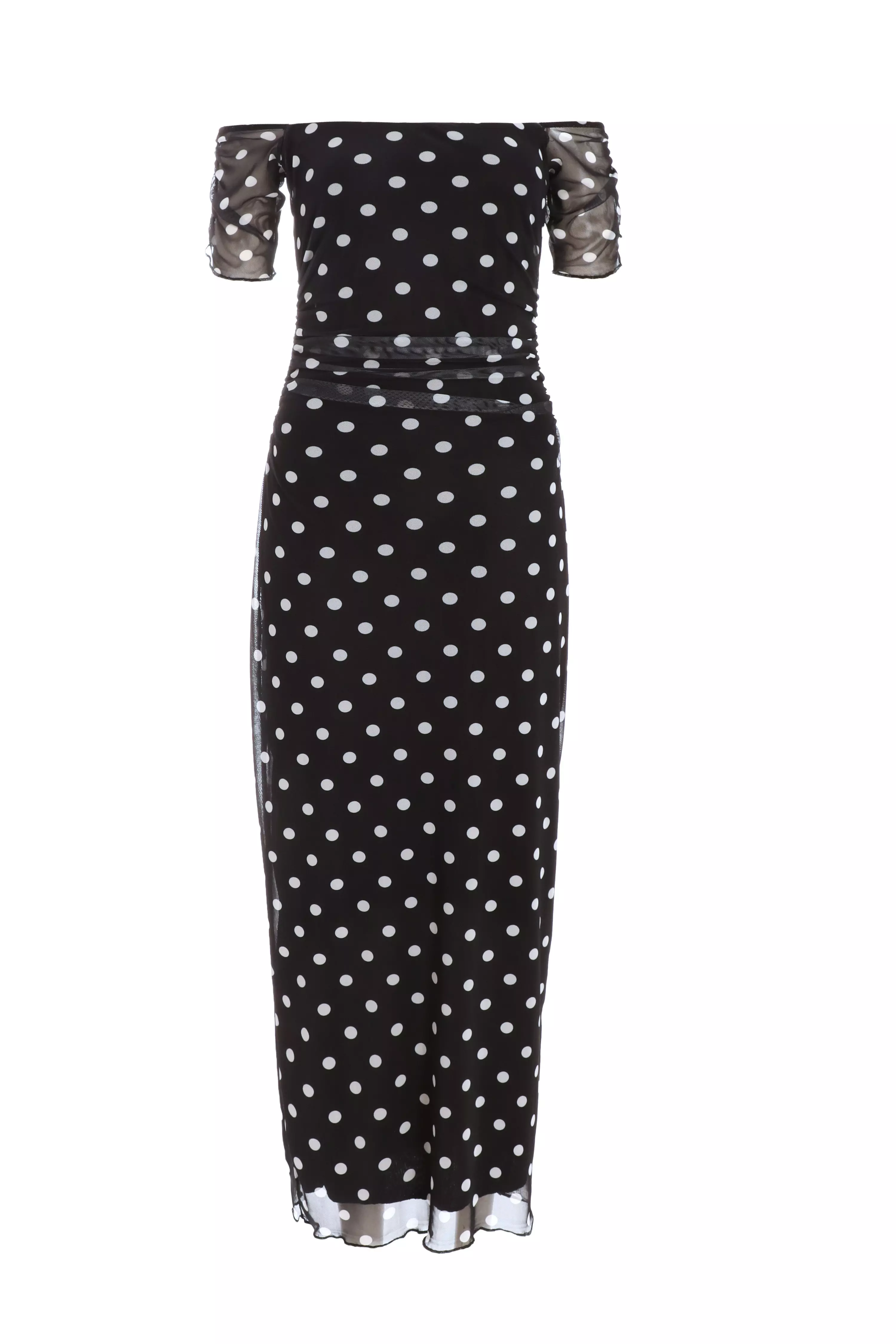 Black Mesh Polka Dot Bardot Midaxi Dress