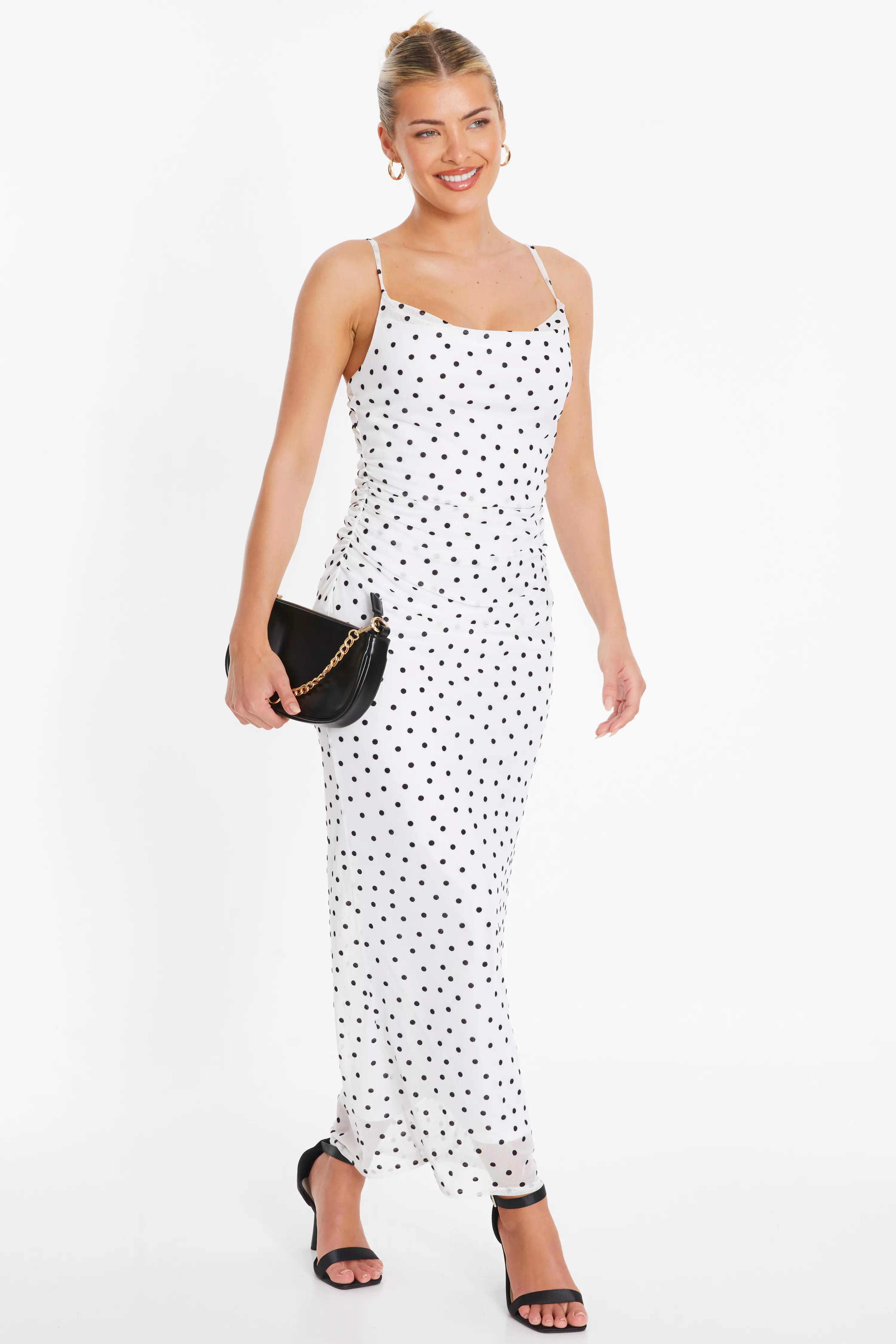 White Polka Dot Print Midaxi Dress