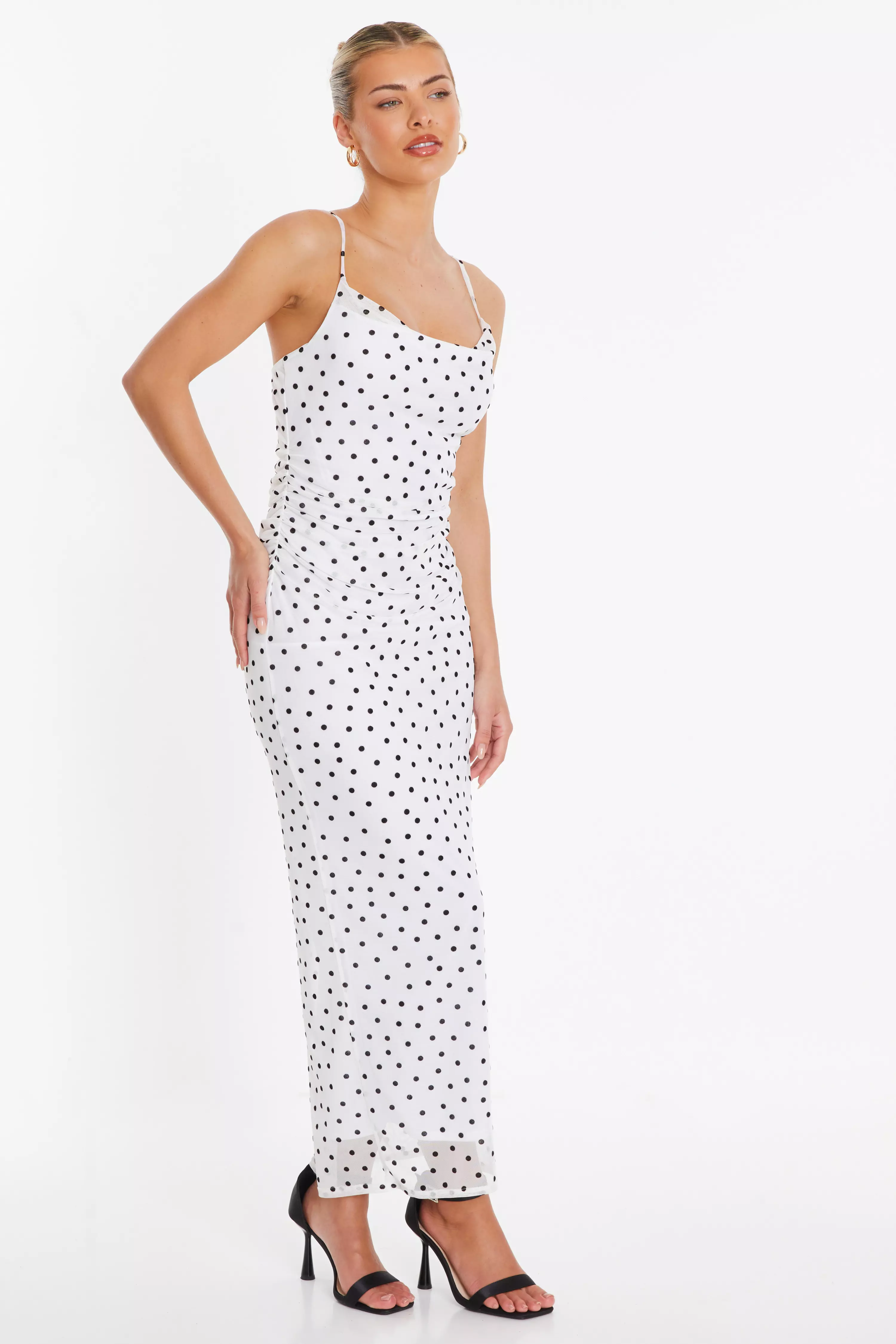 White Polka Dot Print Midaxi Dress