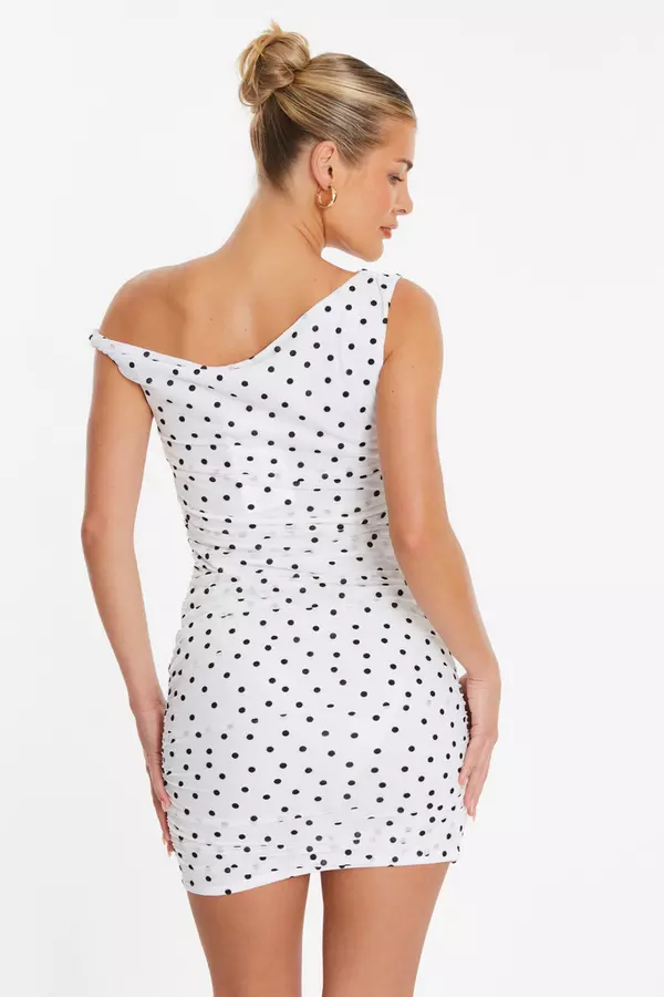 White Polka Dot Print Ruched Bodycon Mini Dress