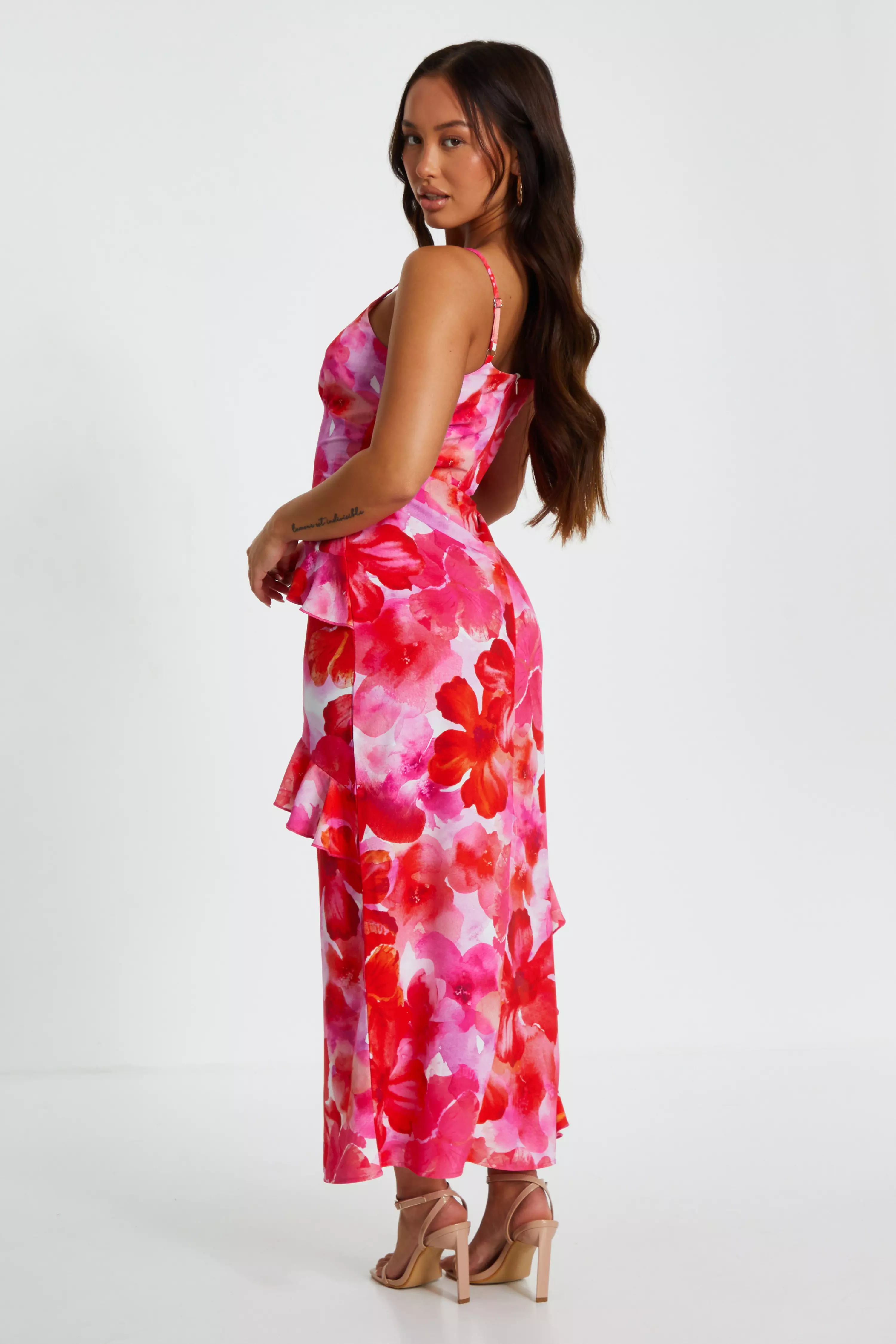 Petite Pink Floral Ruffle Maxi Dress