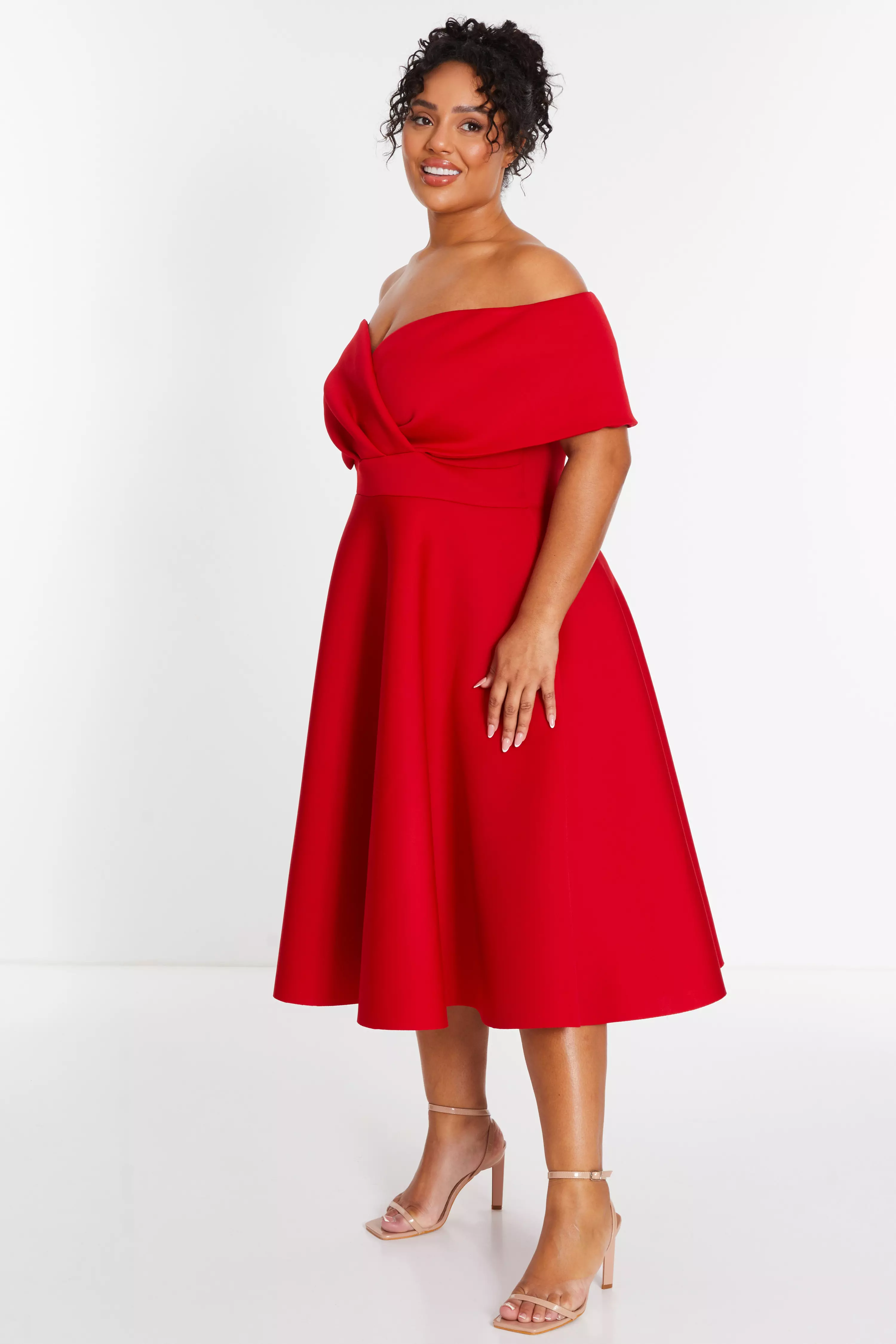 Curve Red Bardot Midi Skater Dress