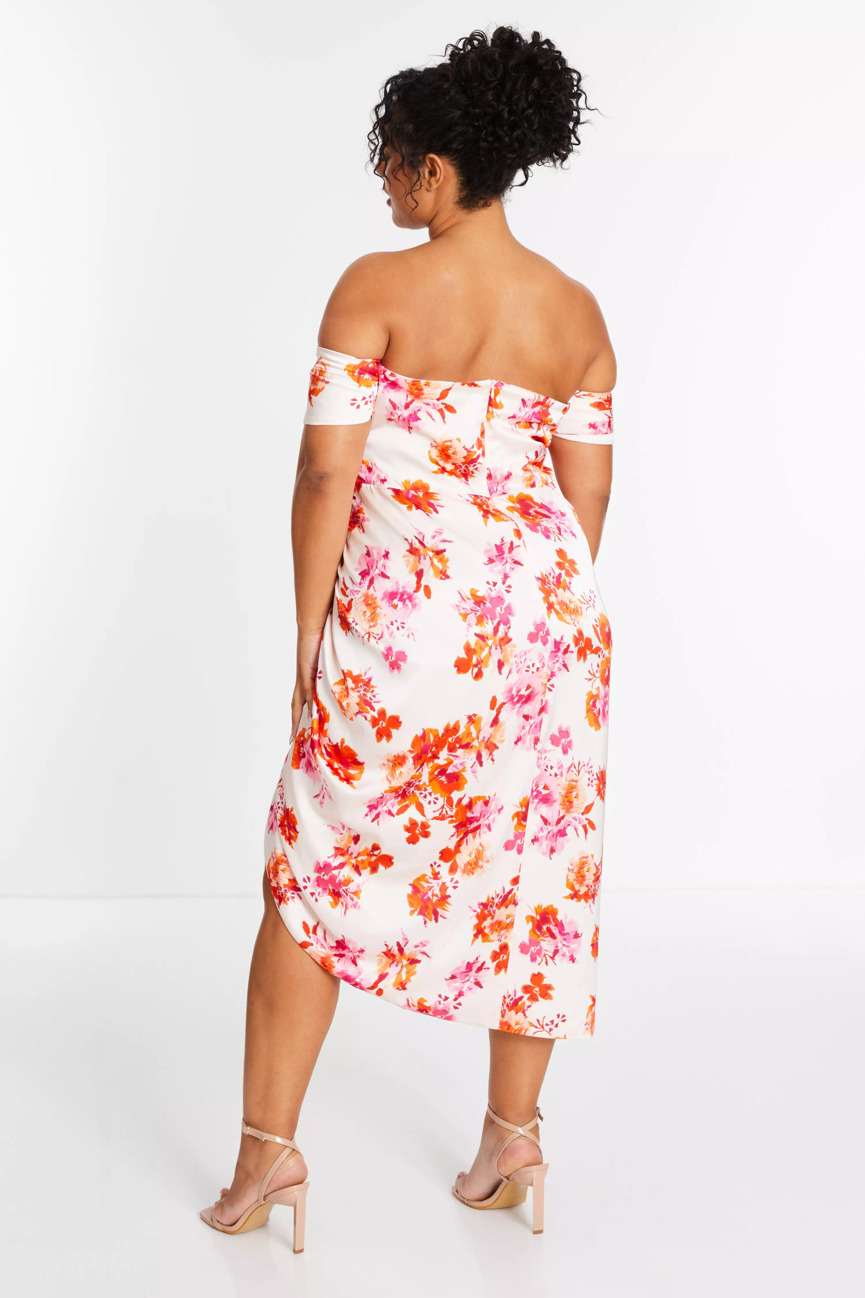 Curve Ivory Floral Bardot Ruched Midi Dress