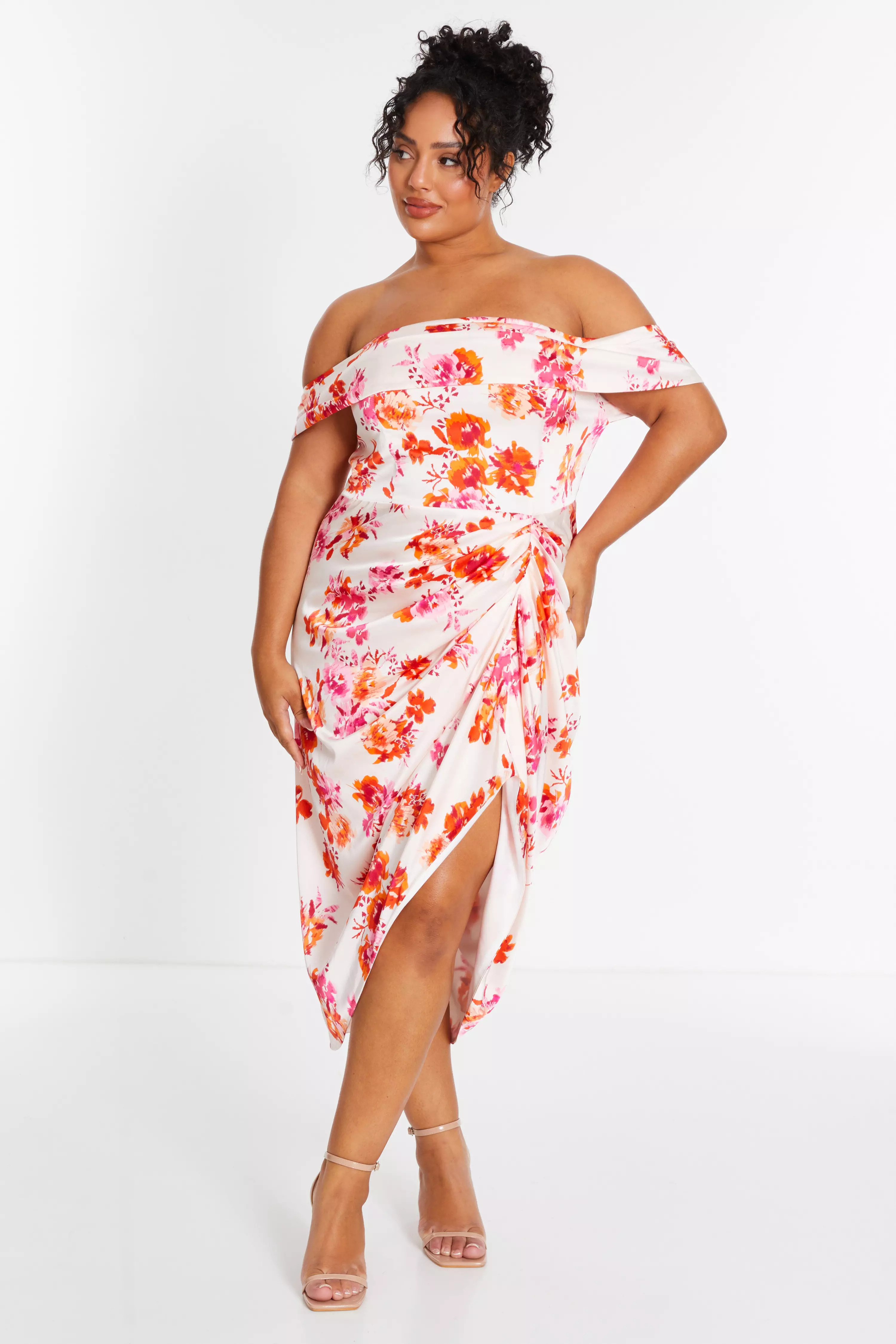 Curve Ivory Floral Bardot Ruched Midi Dress