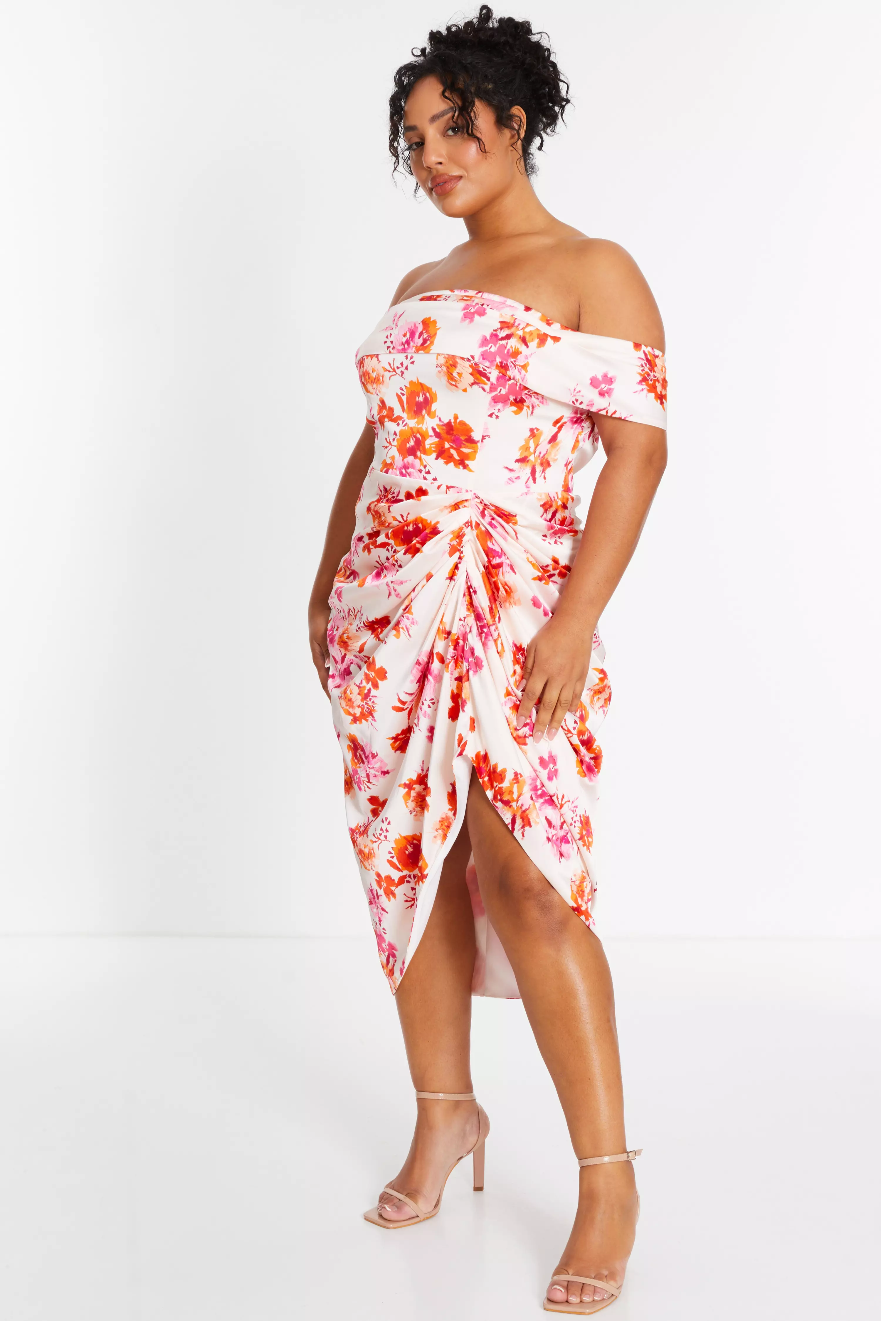 Curve Ivory Floral Bardot Ruched Midi Dress