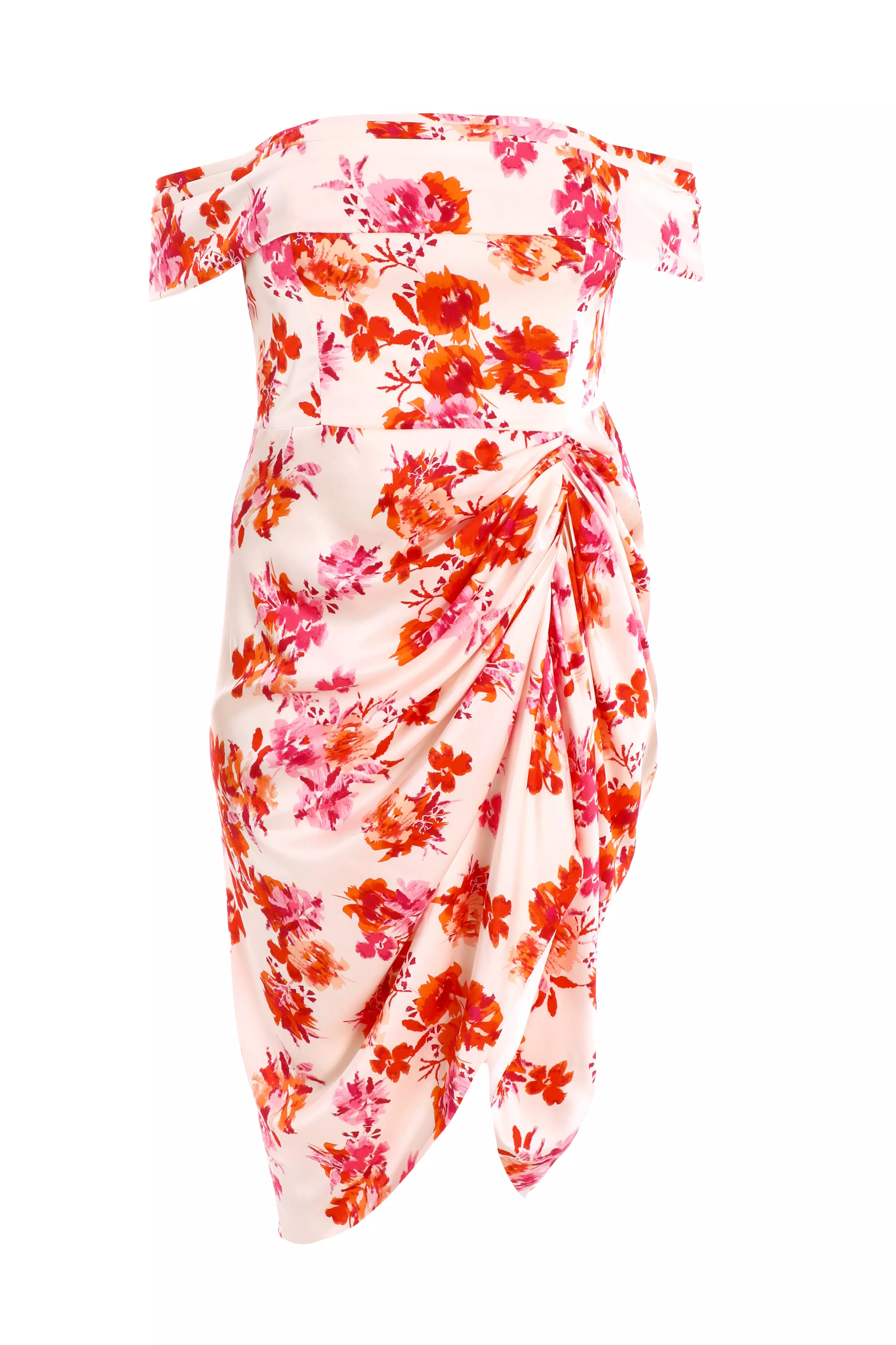 Curve Ivory Floral Bardot Ruched Midi Dress
