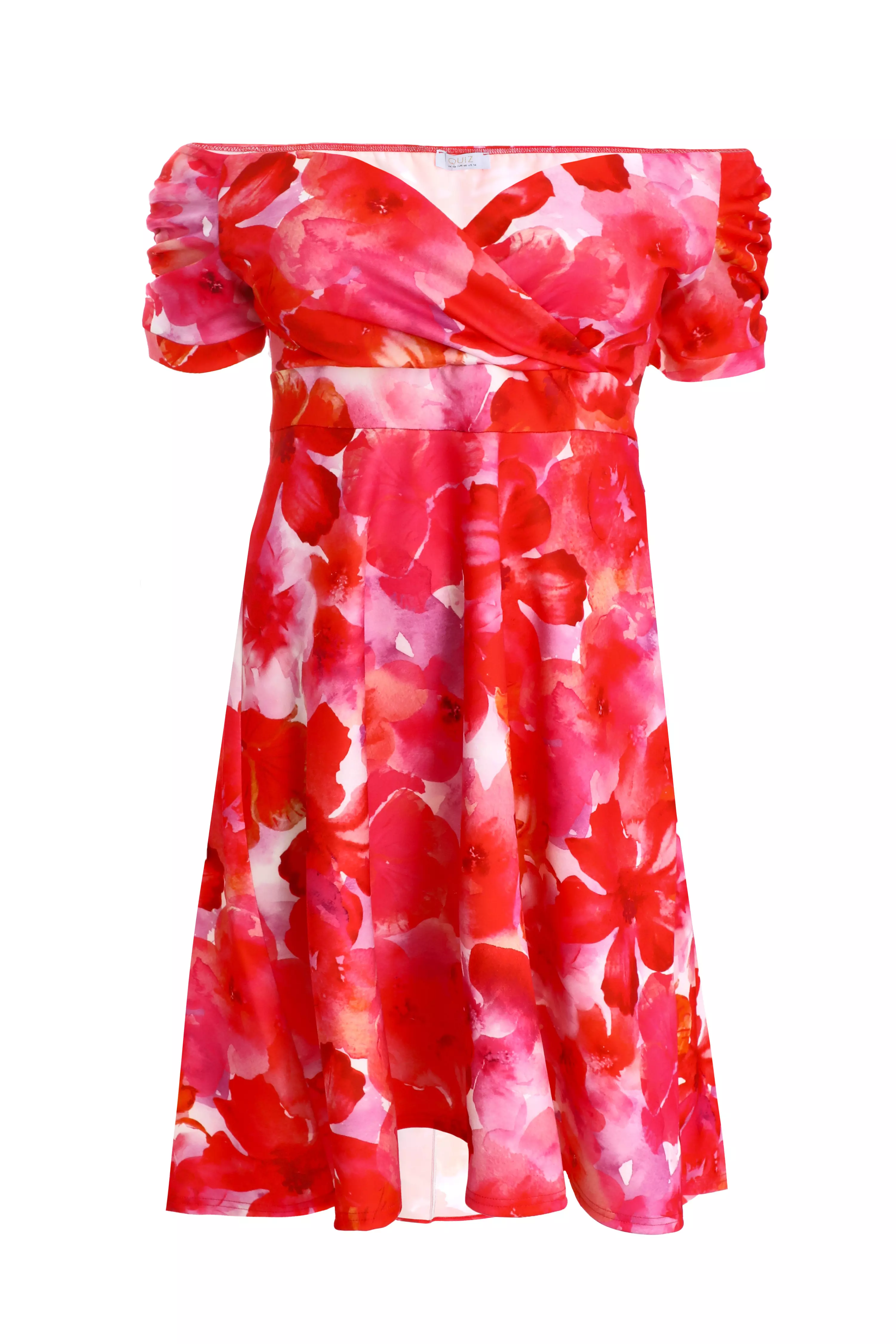 Curve Red Floral Bardot Dip Hem Midi Dress