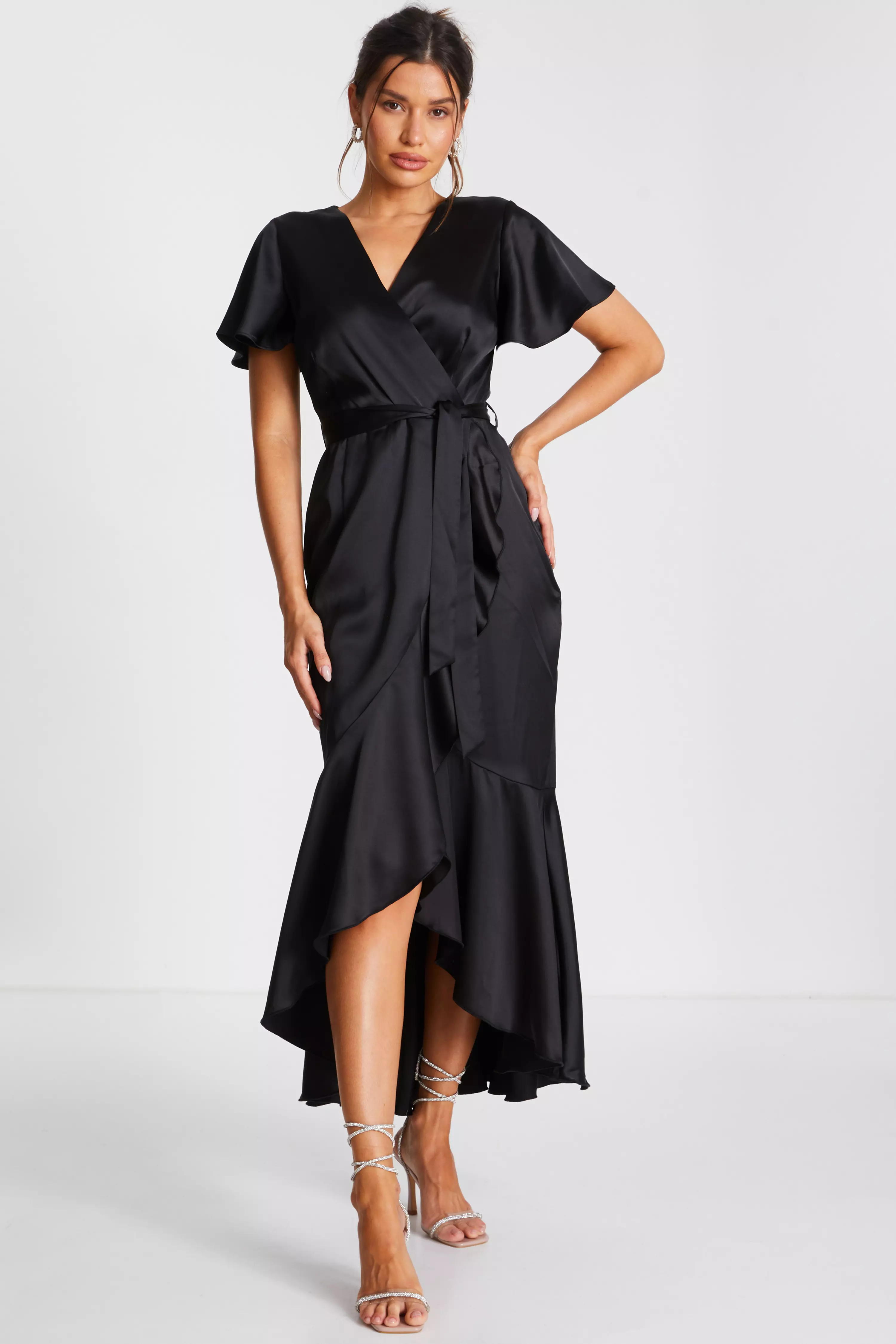 Black Satin Wrap Maxi Dress