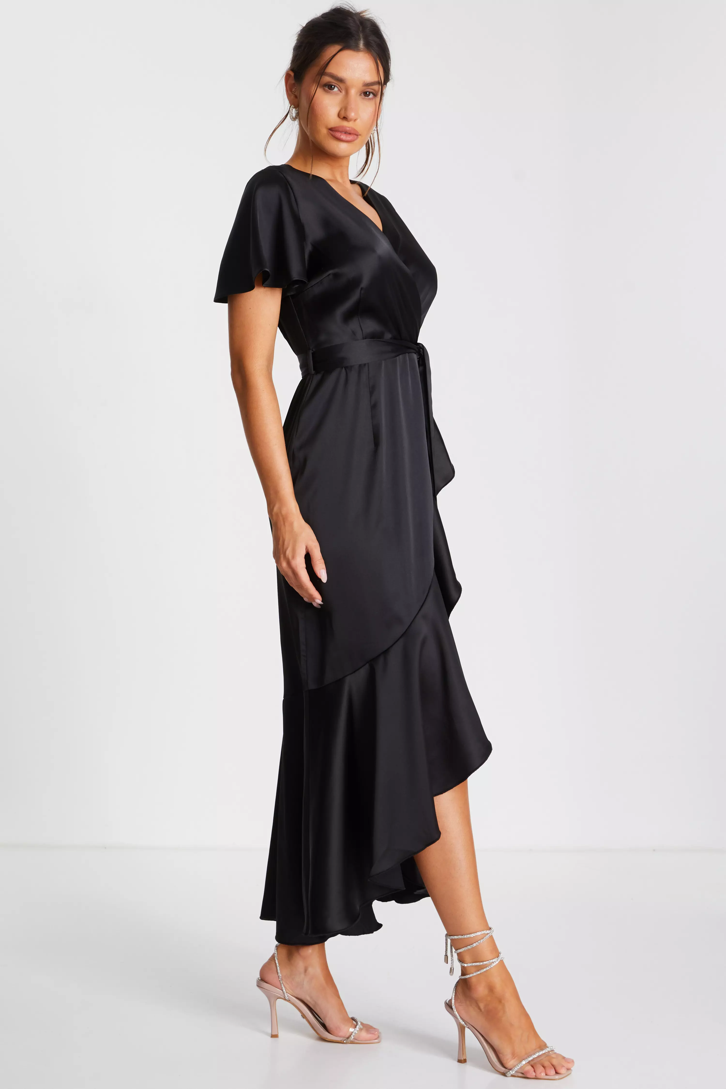 Black Satin Wrap Maxi Dress