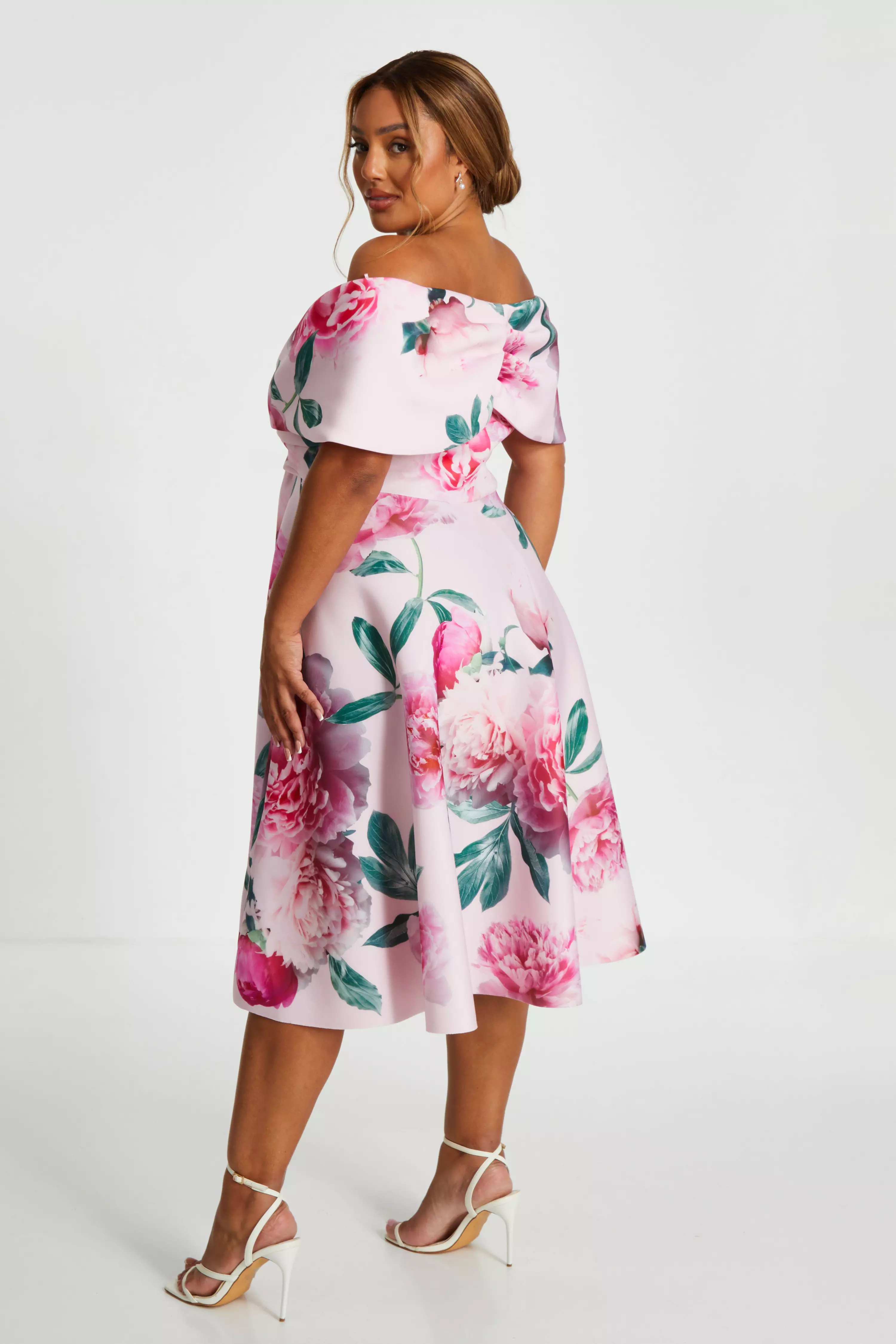 Curve Pink Floral Bardot Skater Midi Dress