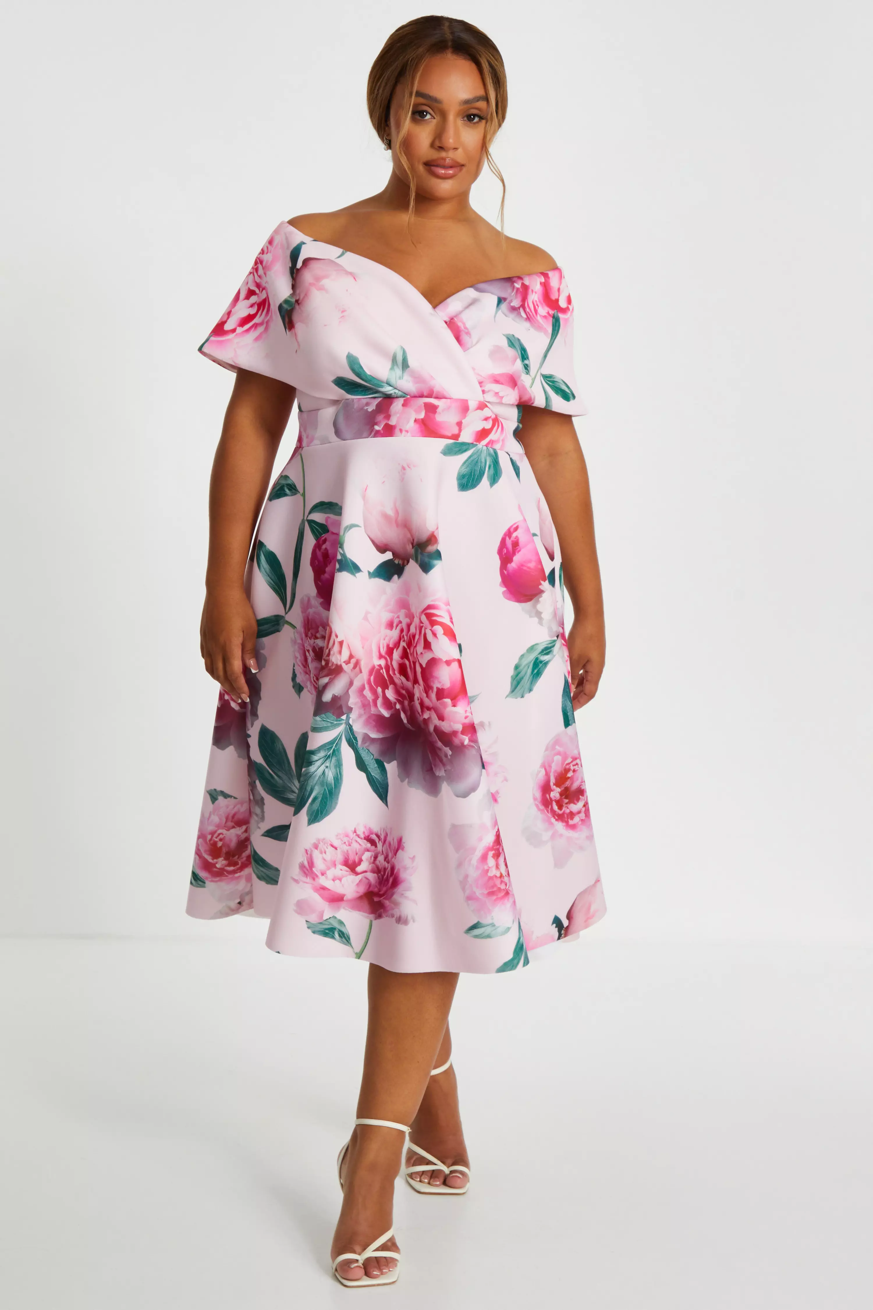 Curve Pink Floral Bardot Skater Midi Dress