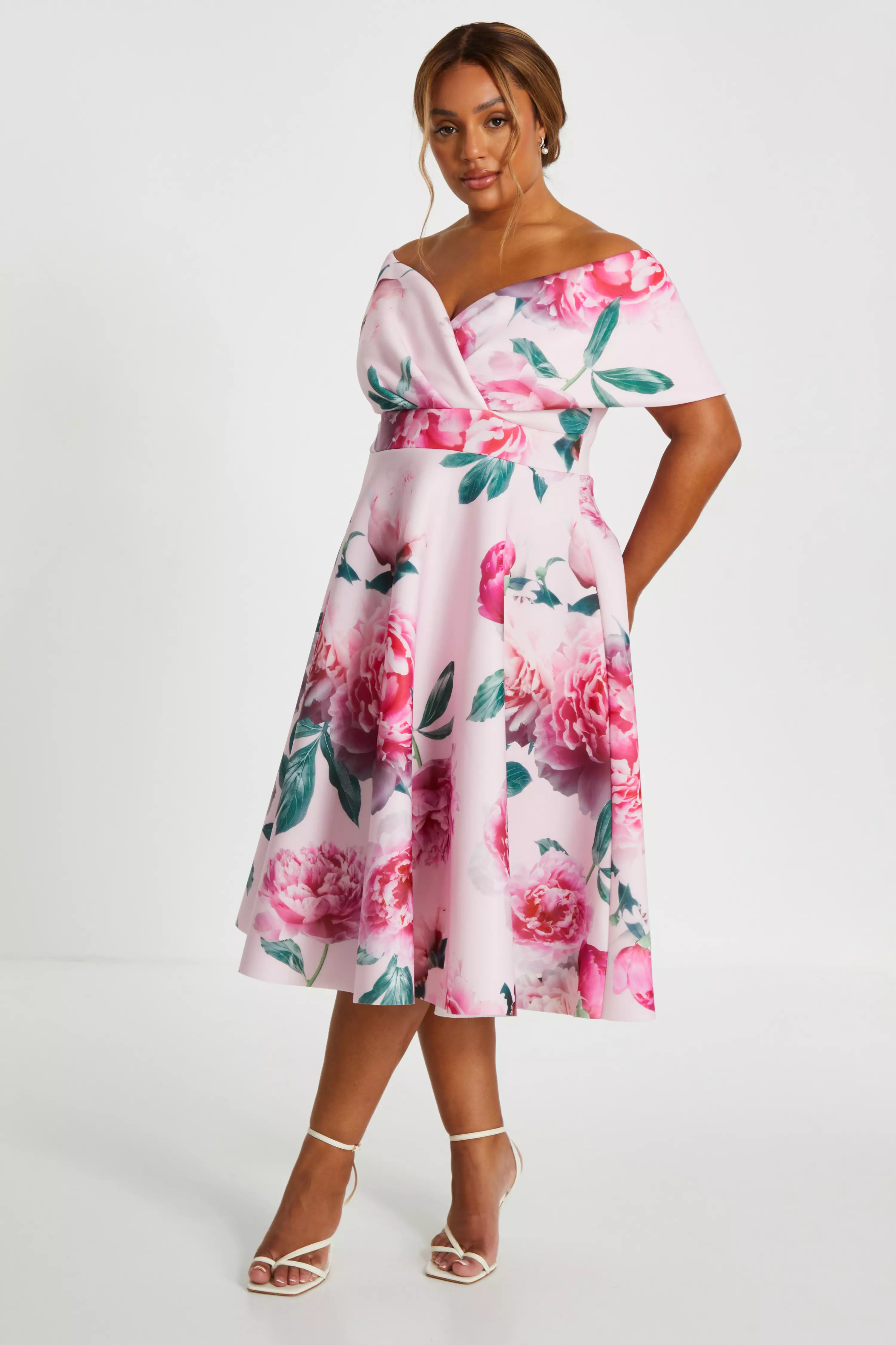 Curve Pink Floral Bardot Skater Midi Dress