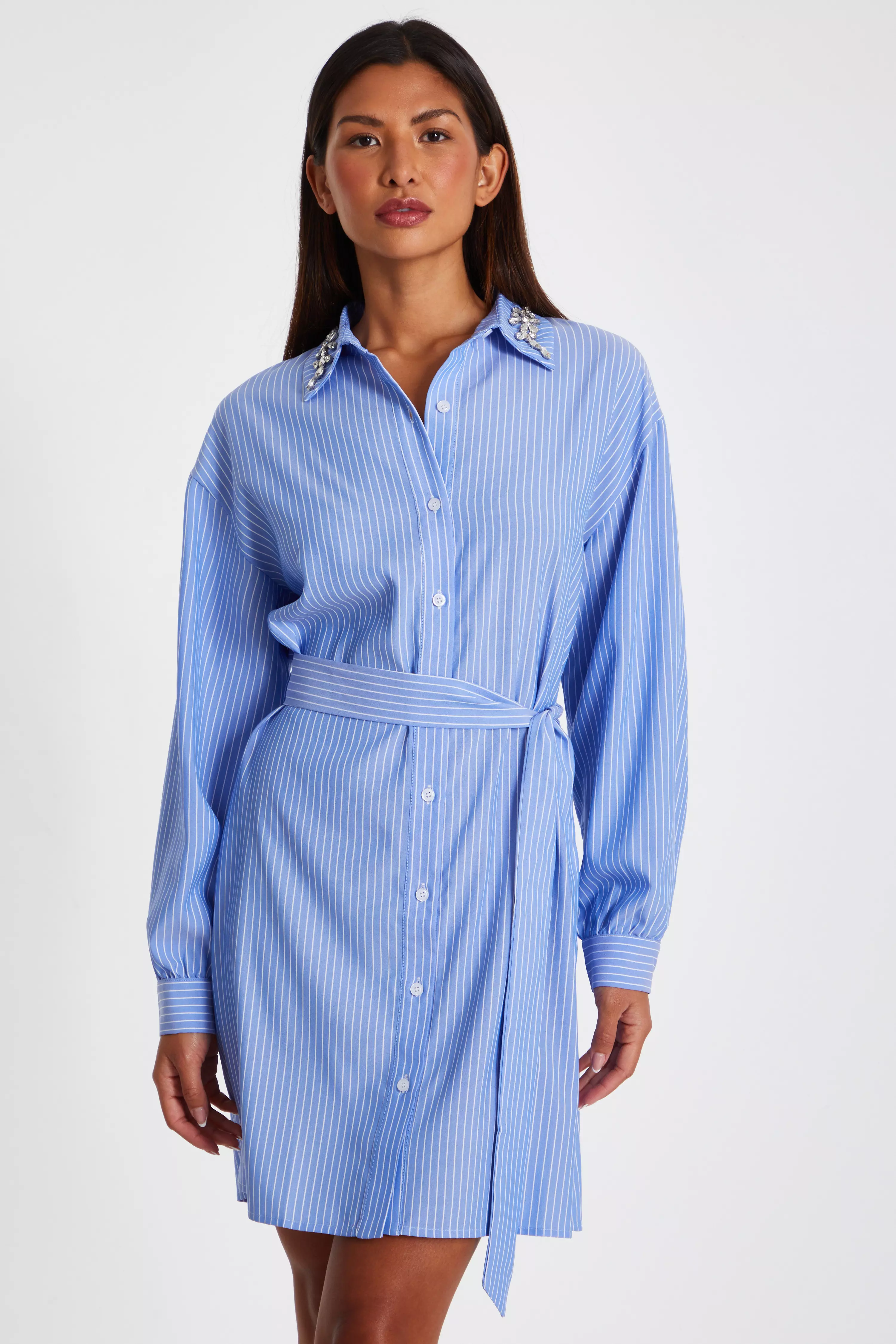 Light Blue Pinstripe Mini Shirt Dress