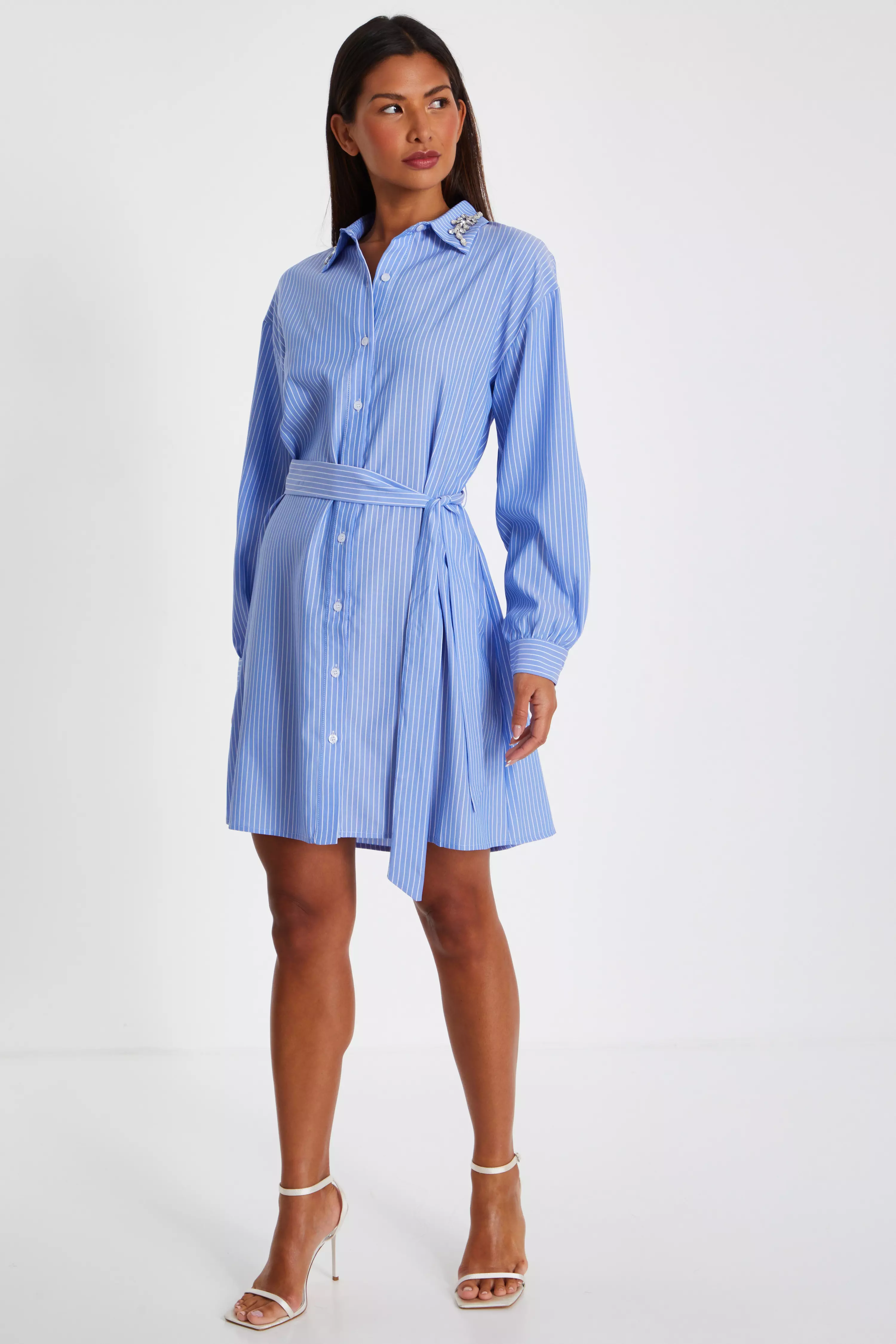 Light Blue Pinstripe Mini Shirt Dress